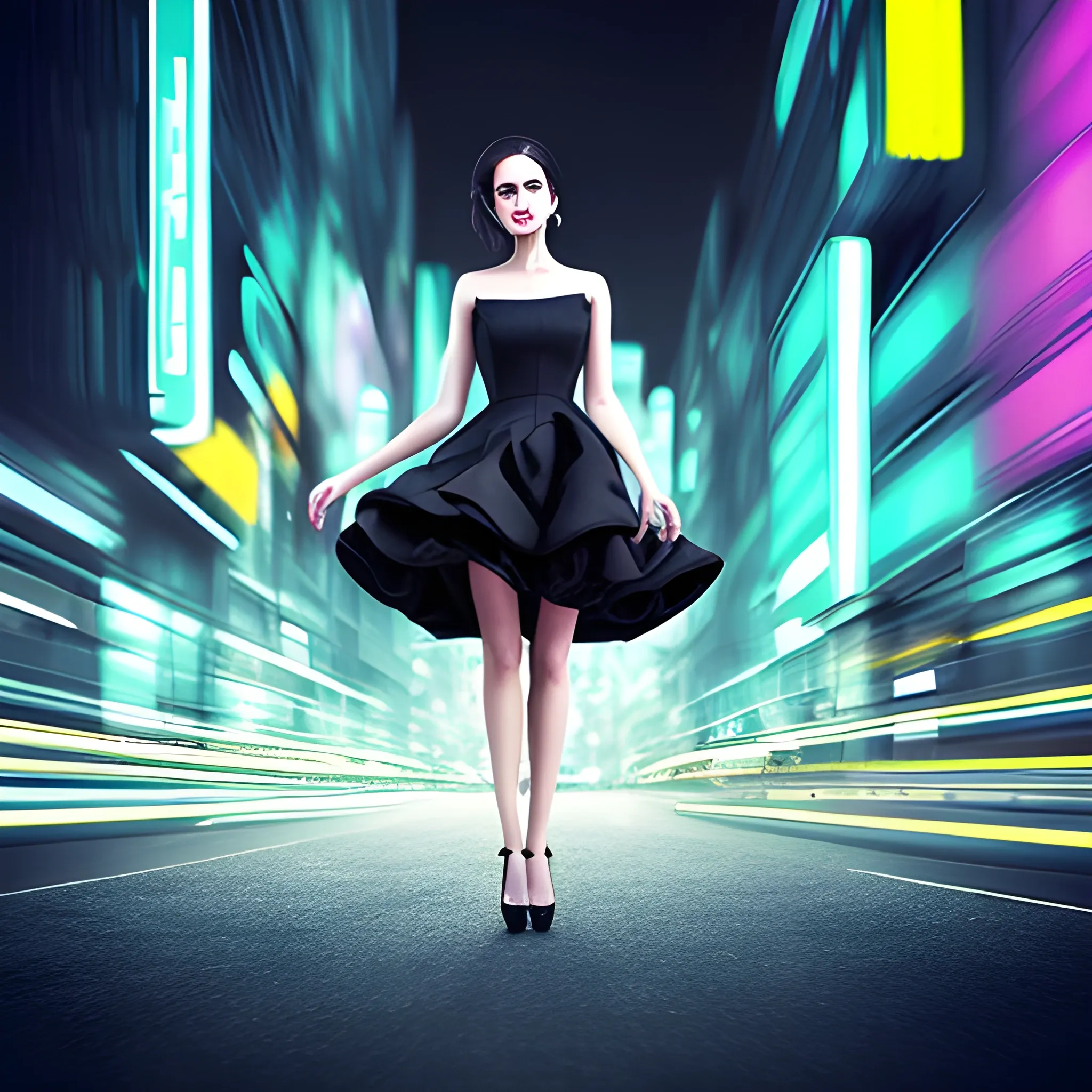 Hyper realístic , woman in black dress with high heels, blurred city background with neon