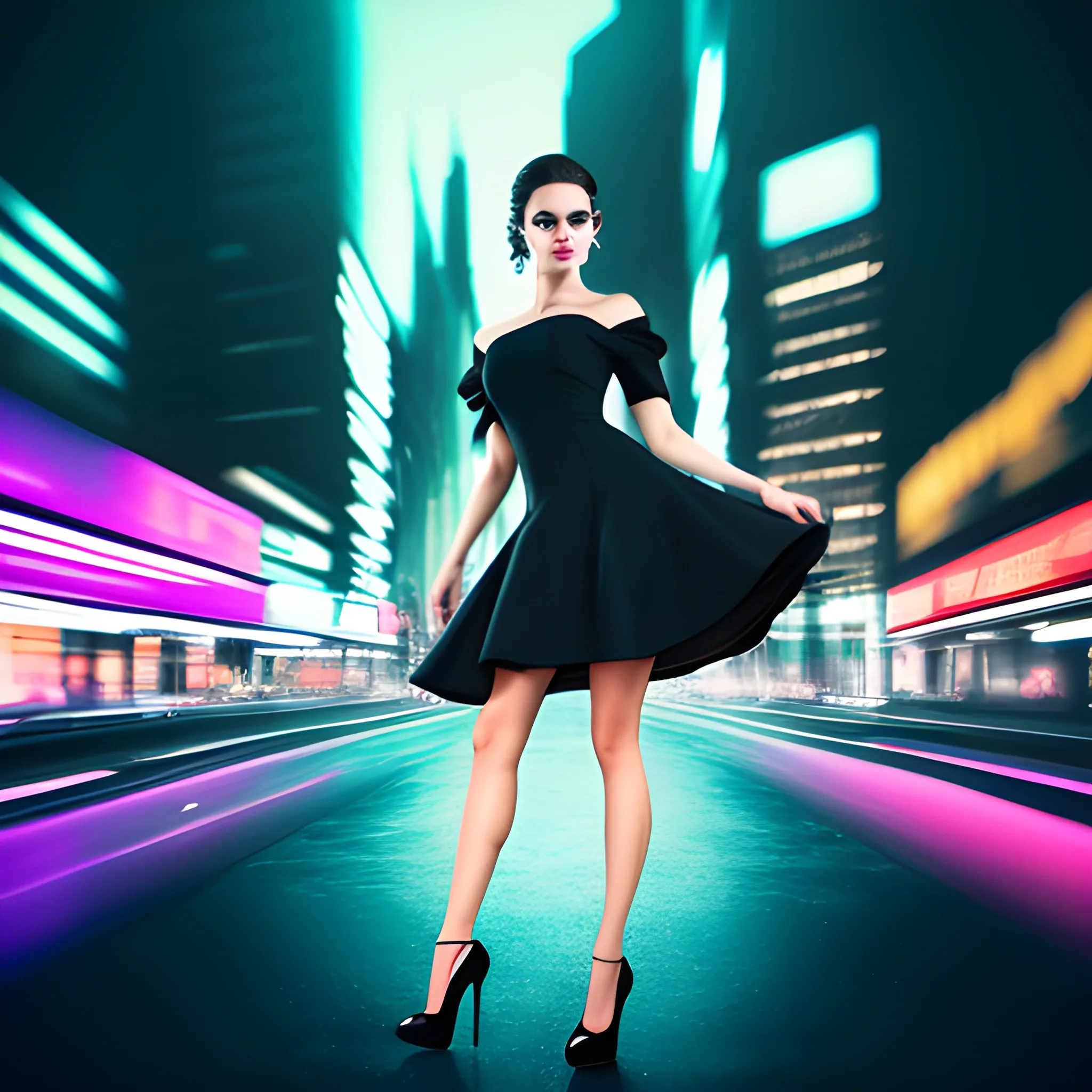 Hyper realístic , woman in black dress with high heels, blurred city background with , neon , 4k , Canon 