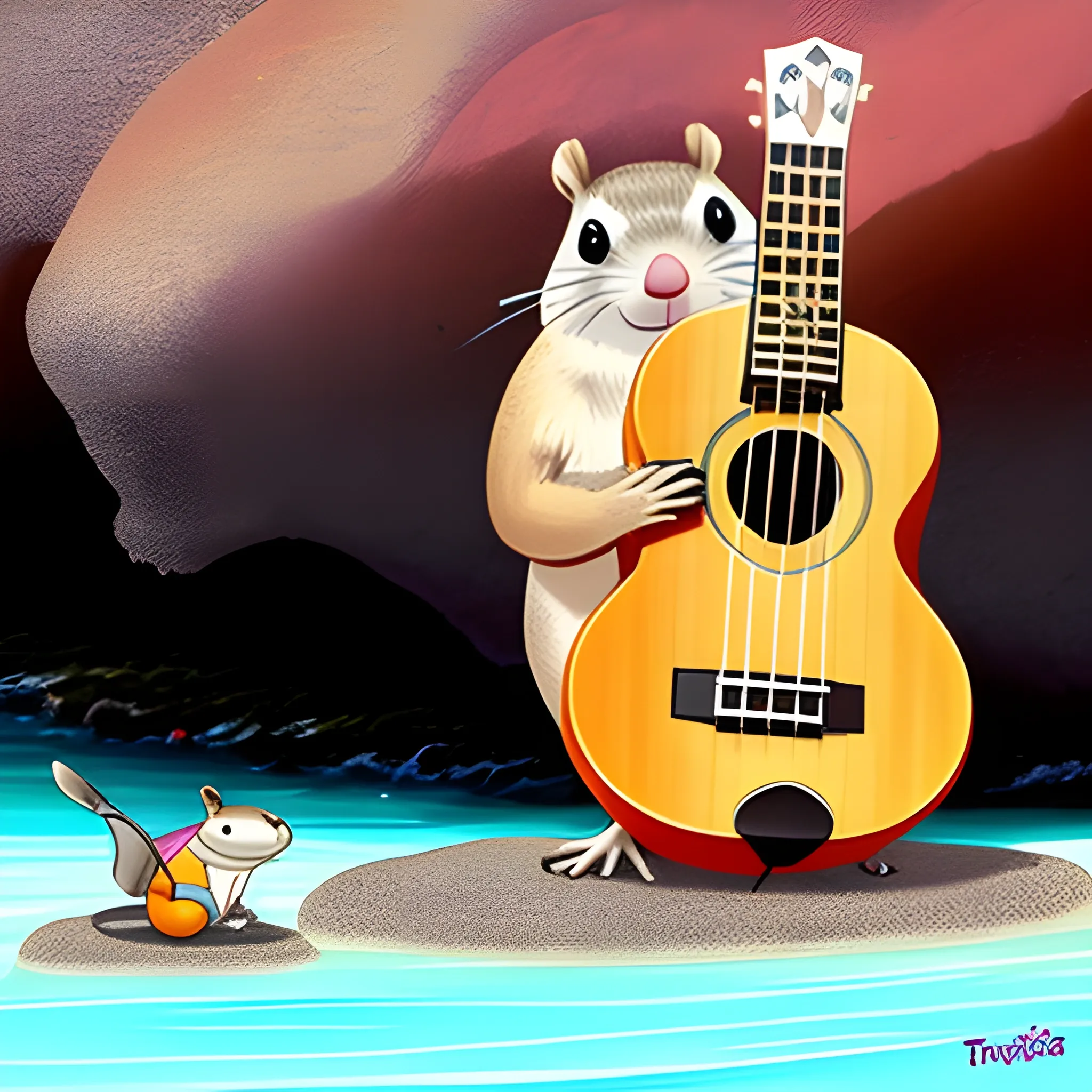 Una ardilla tocando ukelele con traje típico de Hawaii sobre una roca en una playa, Cartoon