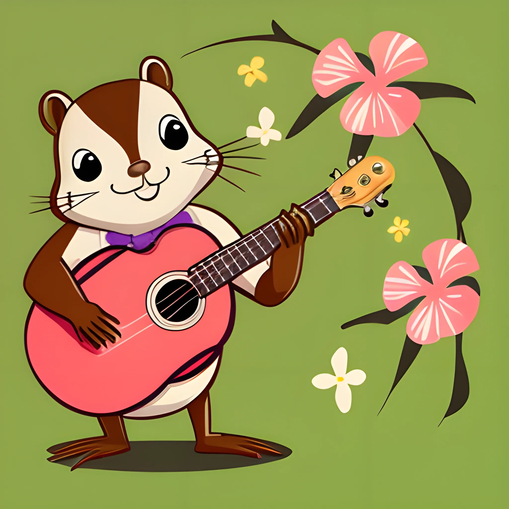 Una ardilla tocando ukelele con traje típico de Hawaii, Cartoon