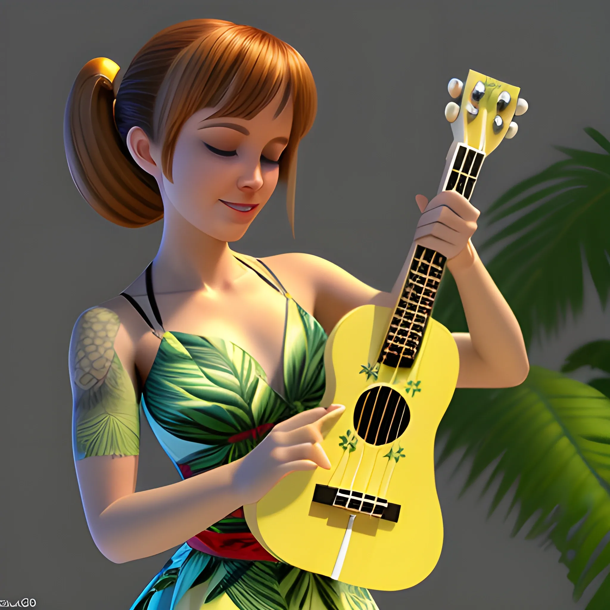 Una buzz ligh-year tocando ukelele usando traje típico de Hawaii, 3D