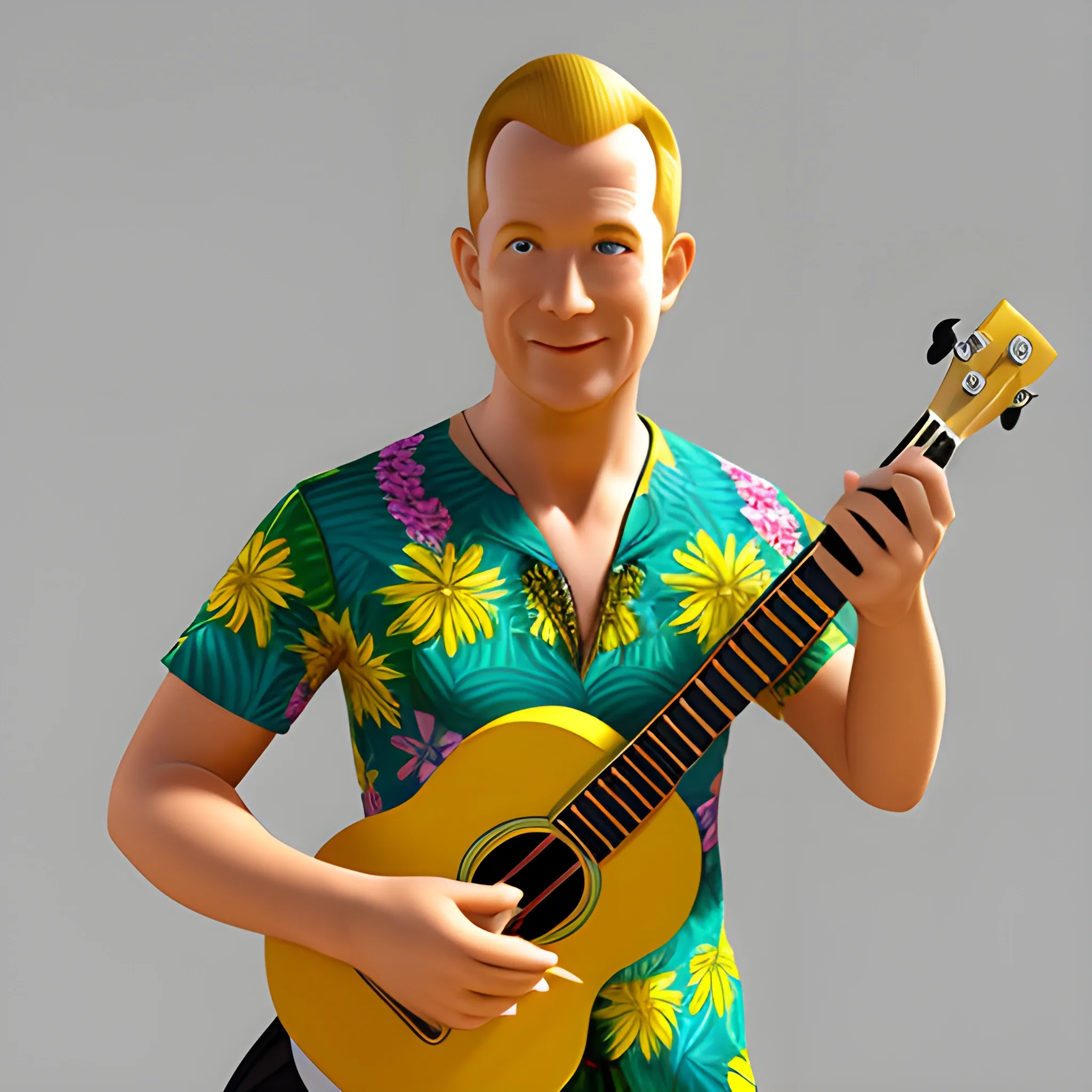 buzz ligh-year tocando ukelele usando traje típico de Hawaii, 3D