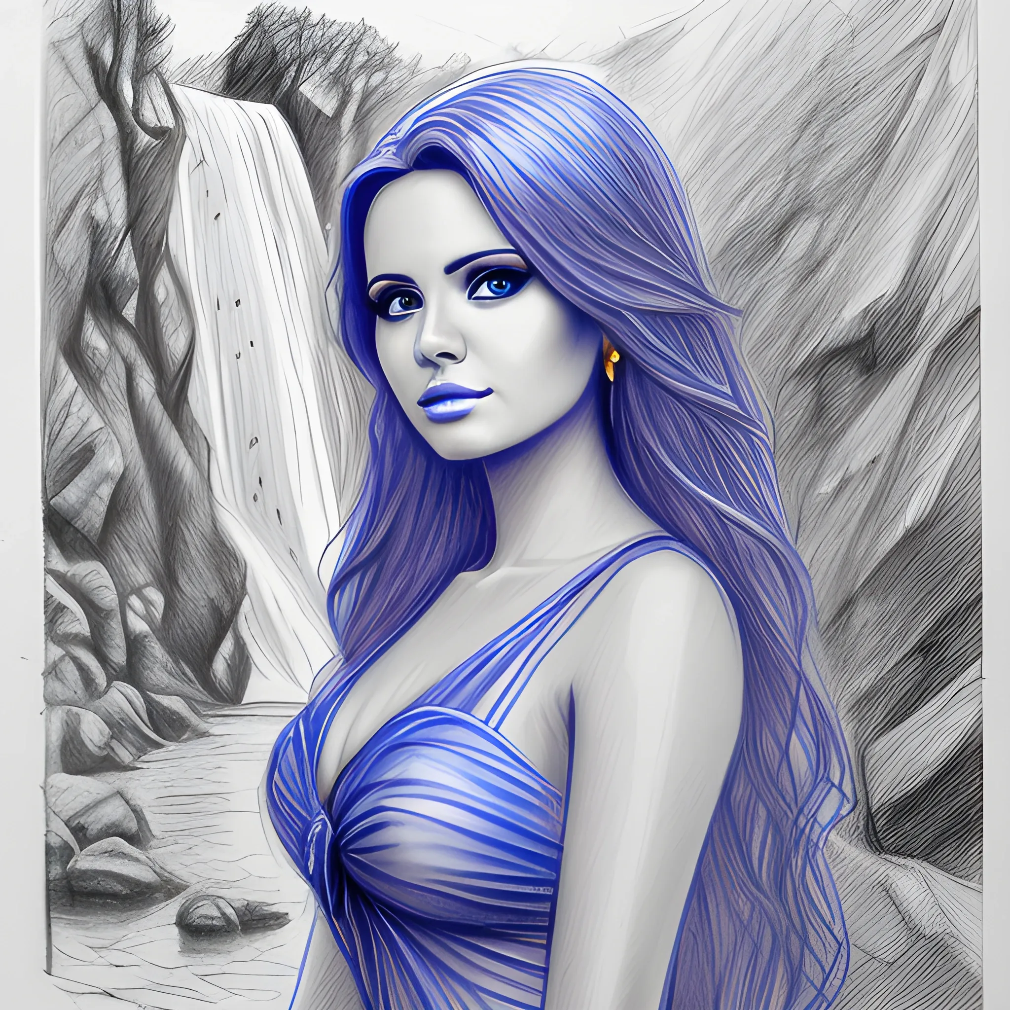 Hermosa chica de ojos azules vestida de la mujer maravilla a un lado de una cascada, Pencil Sketch