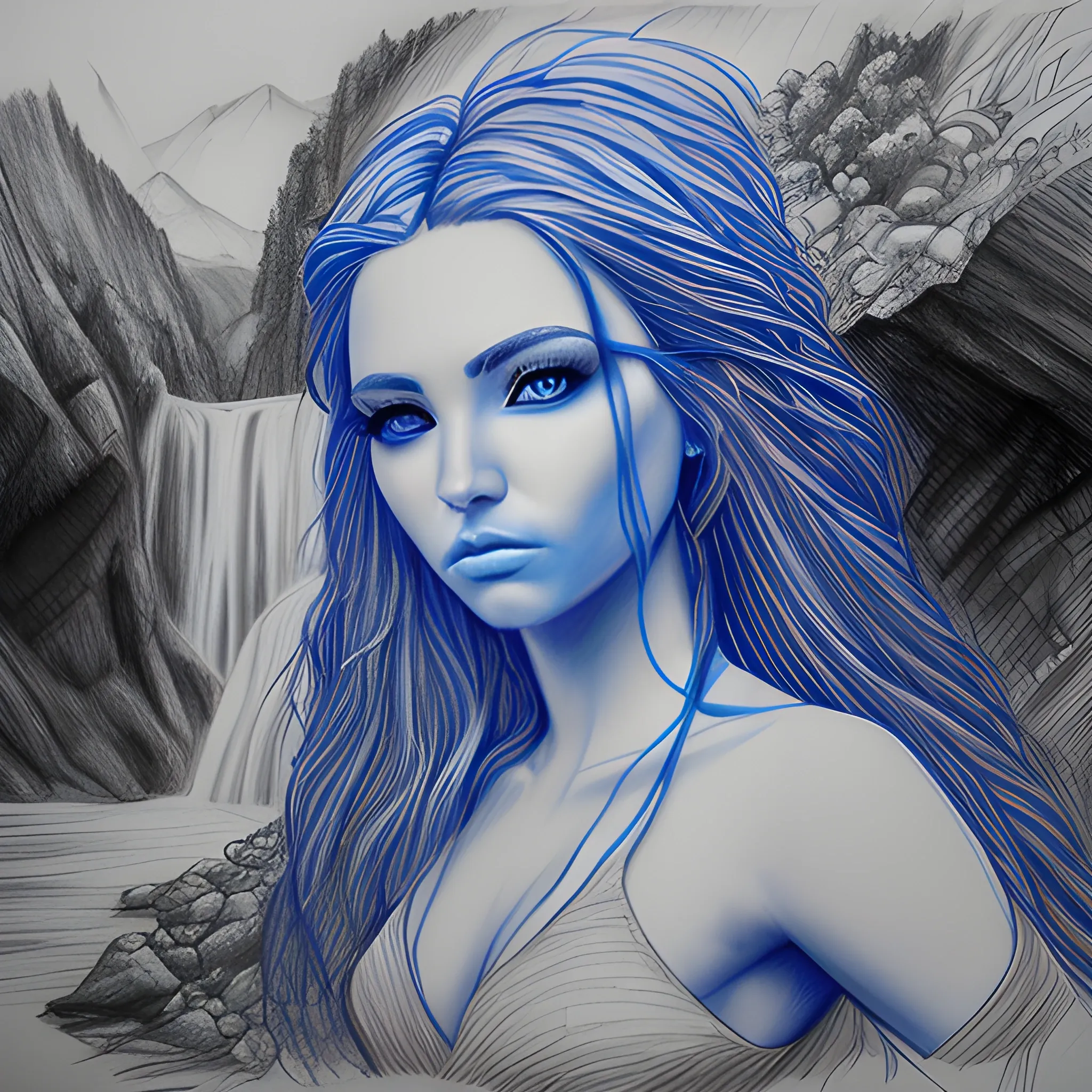 Hermosa chica de ojos azules vestida de la mujer maravilla a un lado de una cascada, Pencil Sketch, Trippy