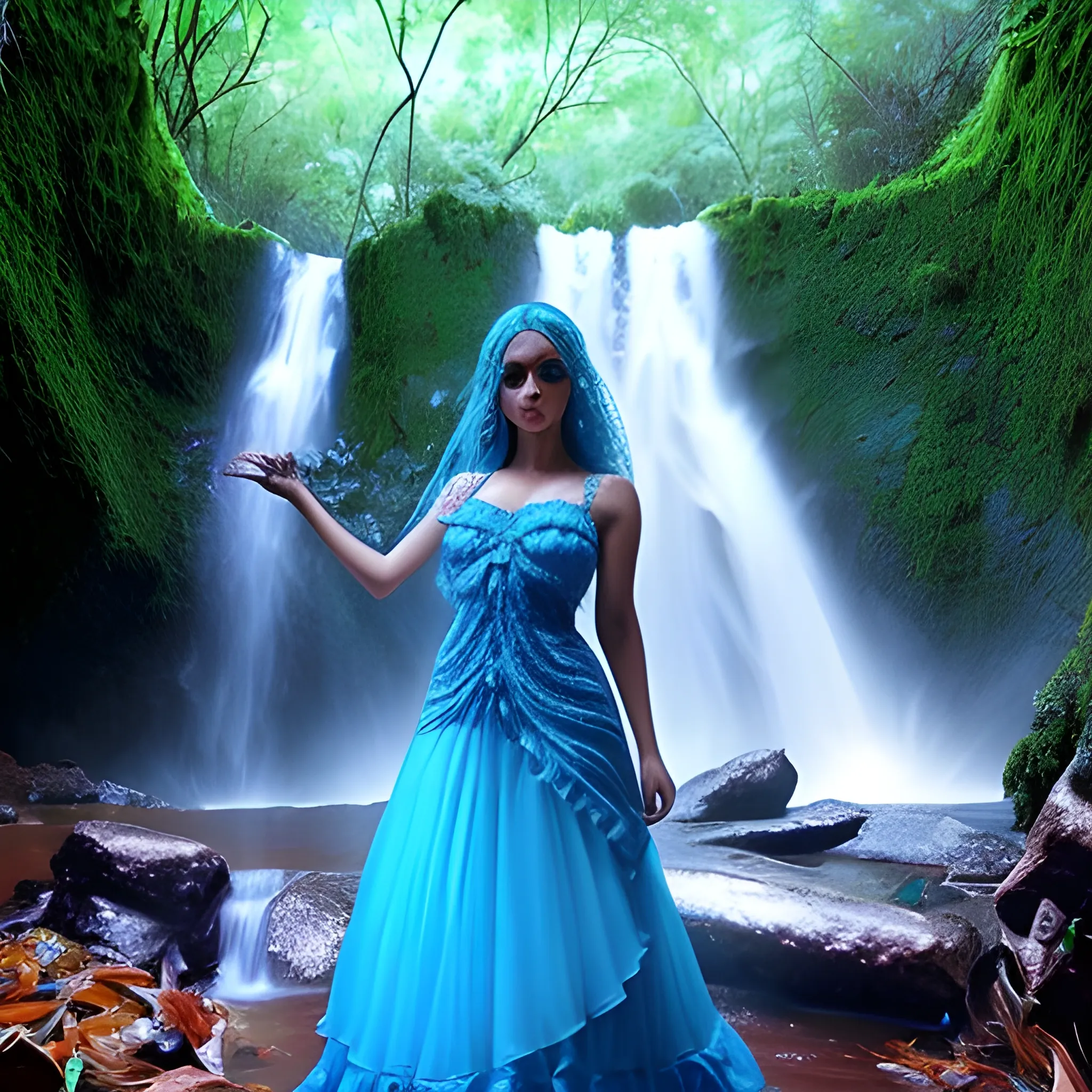 Hermosa chica de ojos azules vestida de la mujer maravilla a un lado de una cascada, Trippy