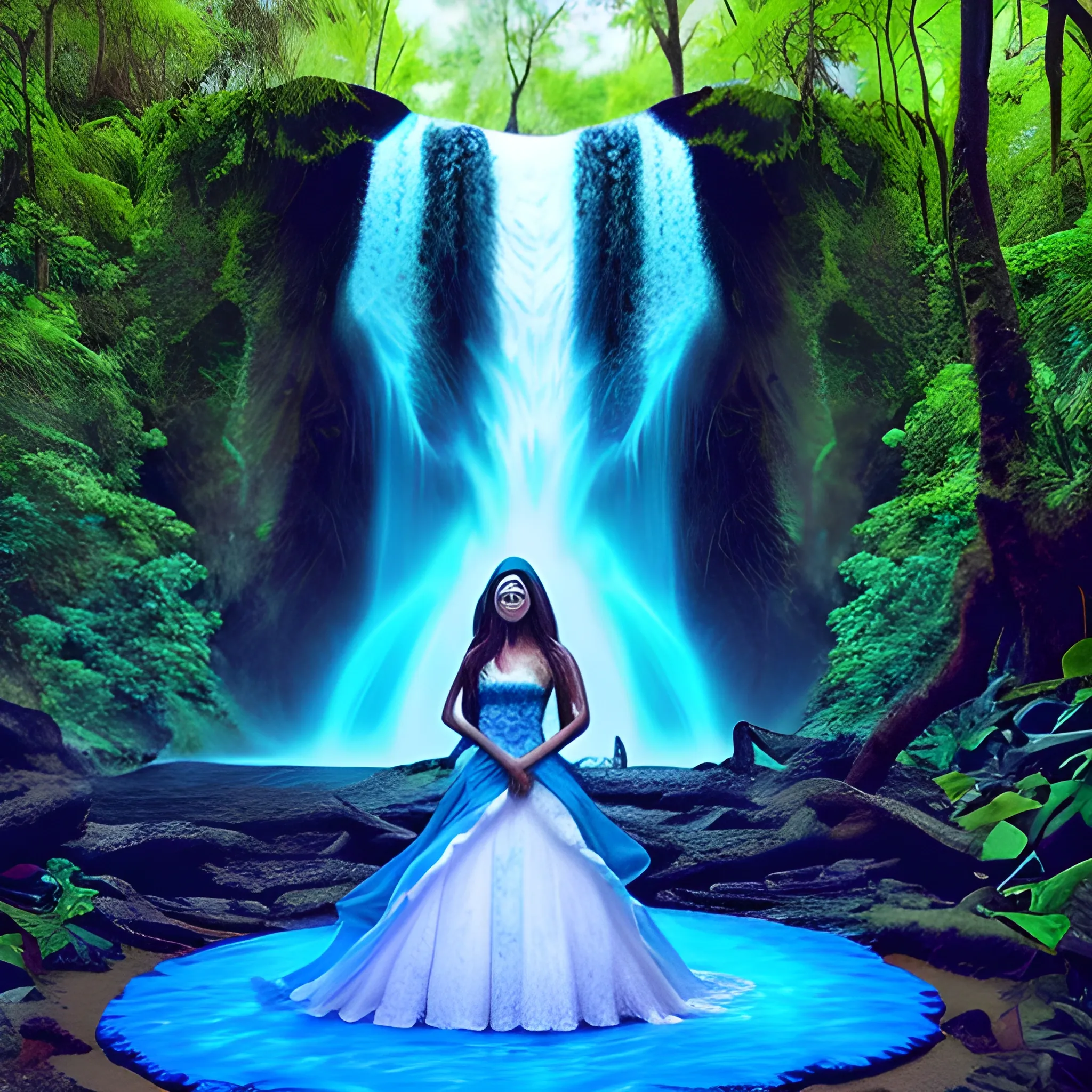 Hermosa chica con ojos azules, vestida de la mujer maravilla, a un lado de una cascada, Trippy