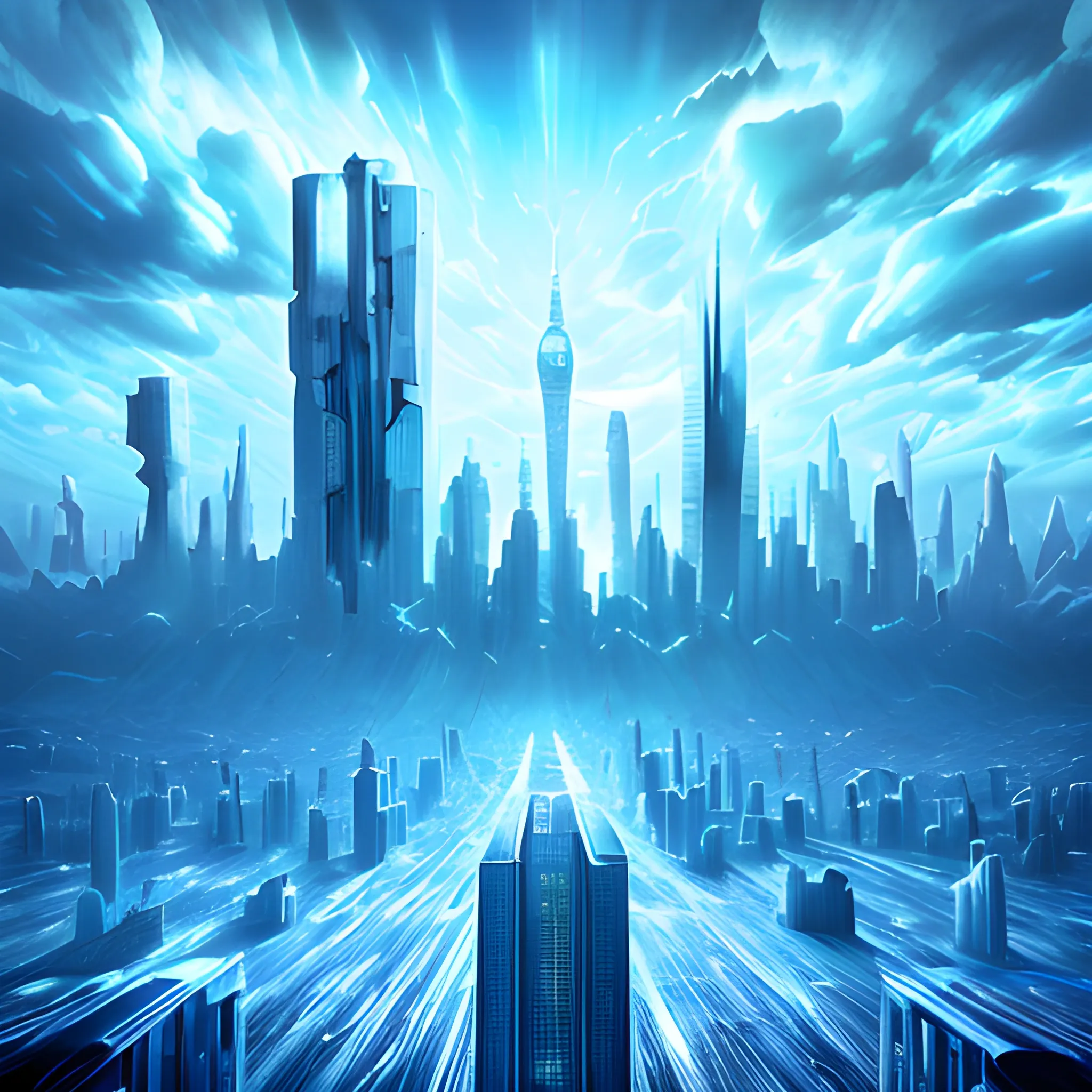 Futuristic city landscape. clouds. blue ice style of John Baeder style of David Hare style of Don Maitz american beauty film style using a happy writing style esthetic sony hdw-f900