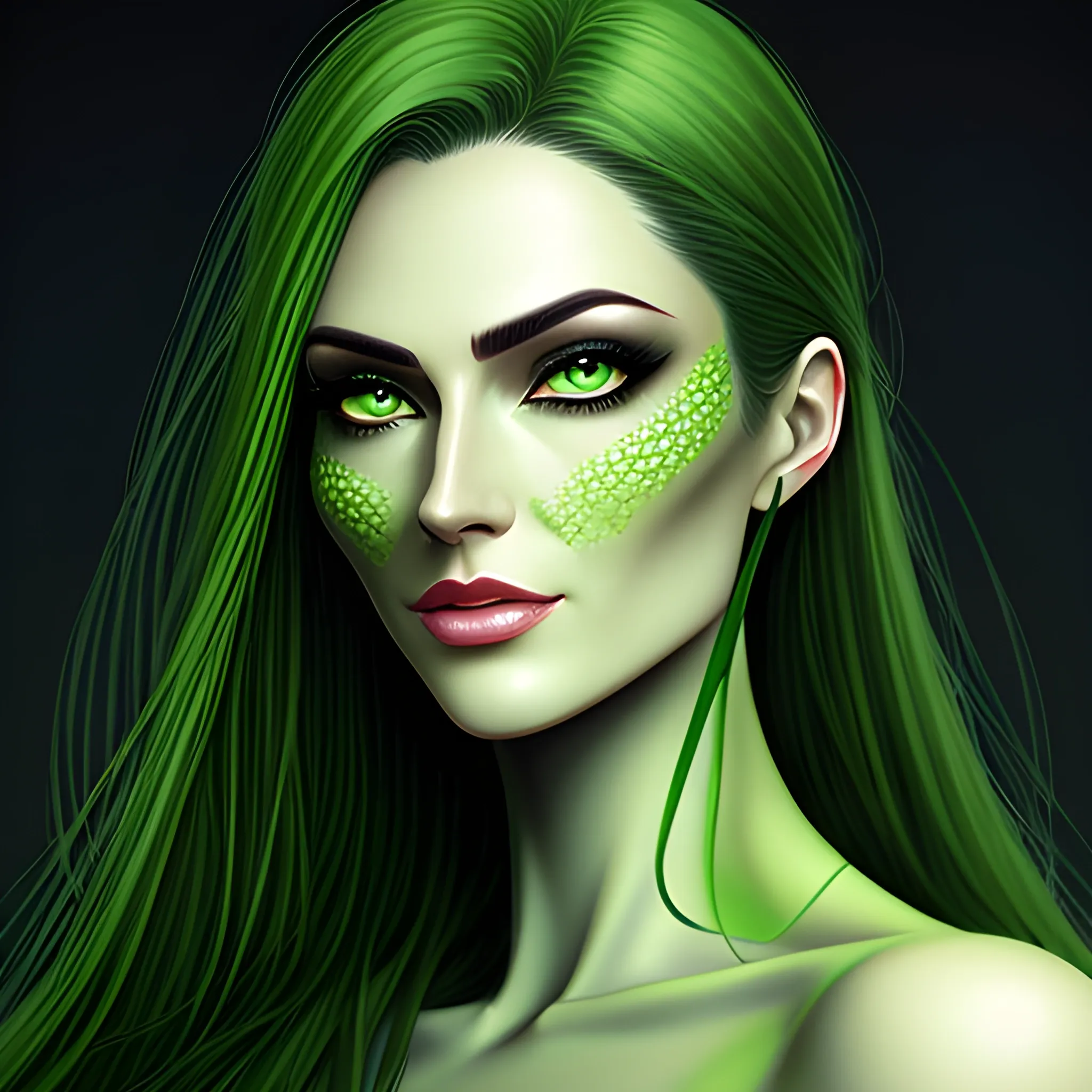 Beautiful girl with green eyes, high detail, green scene, hauntingly beautiful illustration