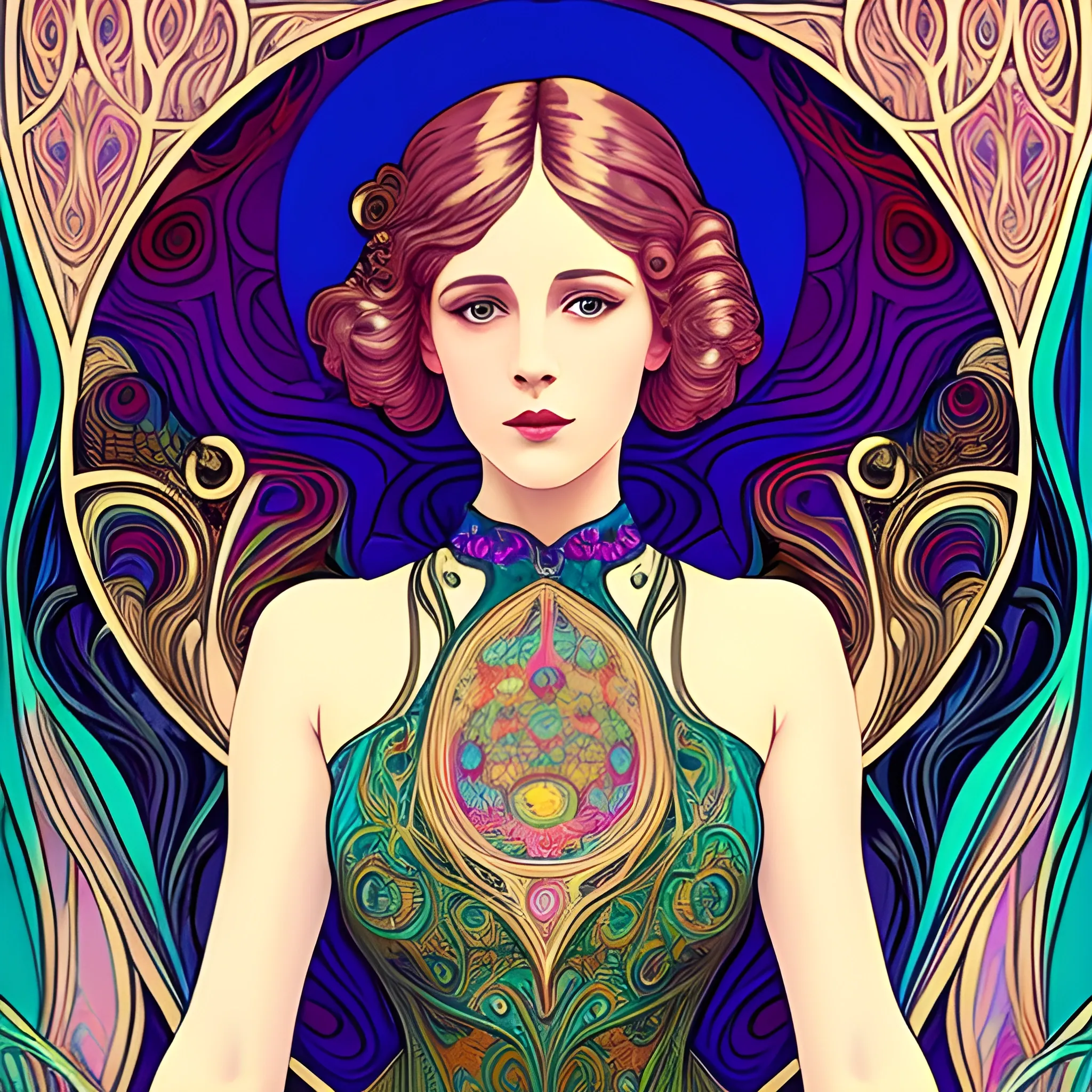 Art Nouveau painting, true aesthetics, stylish fashion shot of a beautiful woman posing in front of a psychedelic art nouveau style. Highly detailed, highest quality