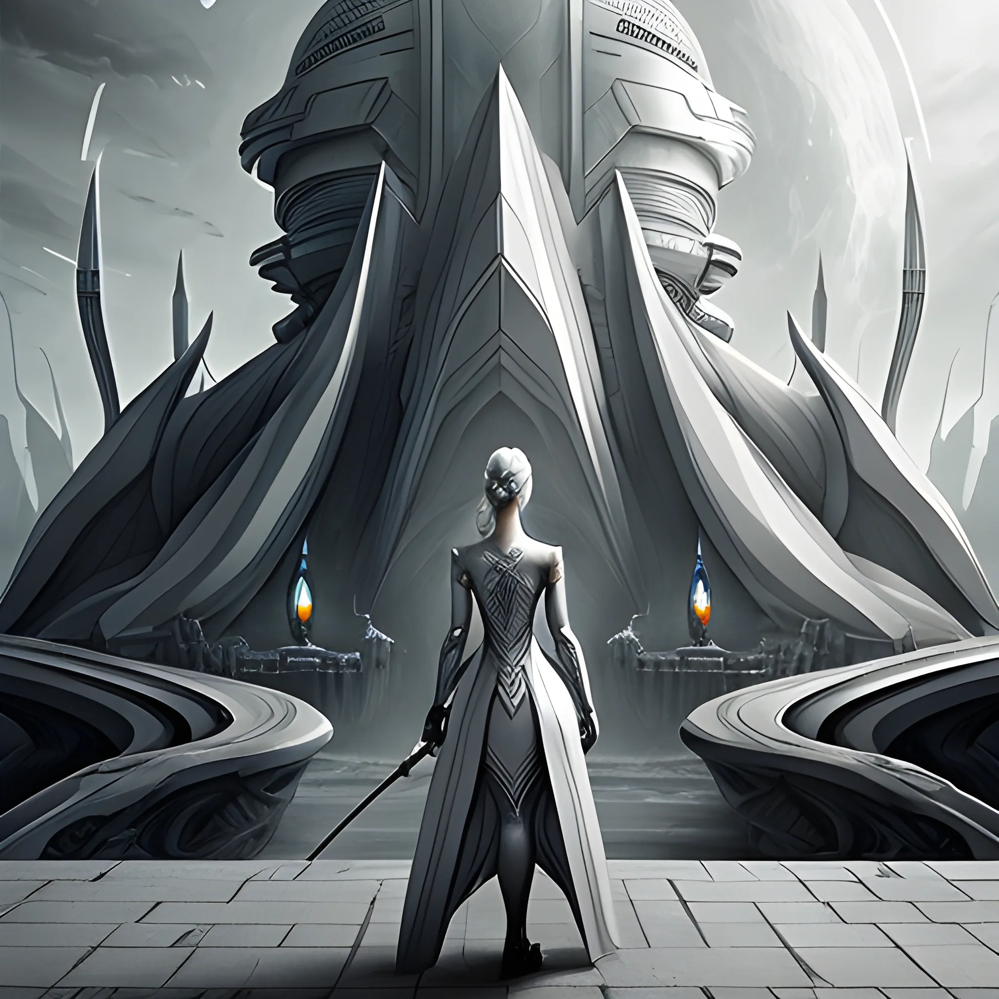 A woman stands in front of a futuristic empire scene in light gray style based on a fantasy storybook, sharp focus, realistic style with fantasy elements,