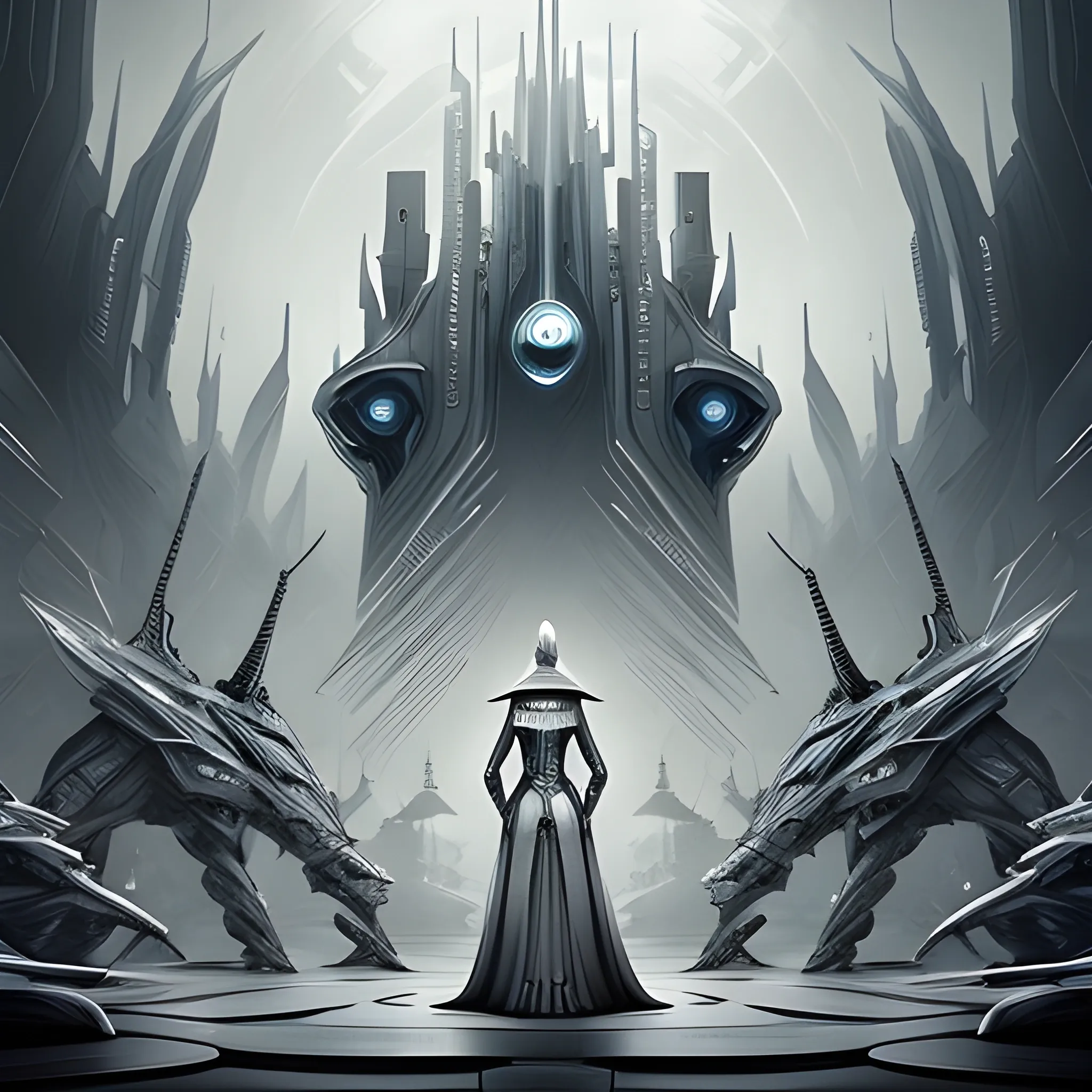 A woman stands in front of a futuristic empire scene in light gray style based on a fantasy storybook, sharp focus, realistic style with fantasy elements,, Trippy