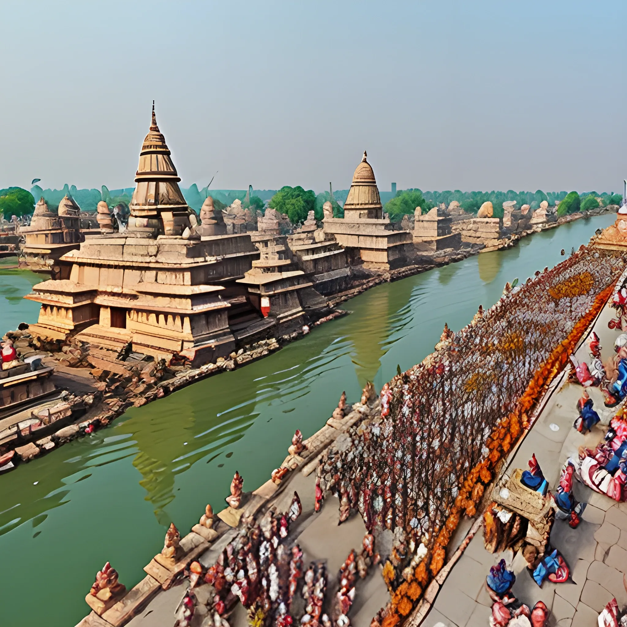 a picture of Ayodhya city during Rama period with lots of devotees, sadhus and hindu monks, best quality, high definition, very detailed, ultra realistic, several devotees, panaroma view, saryu river in the background