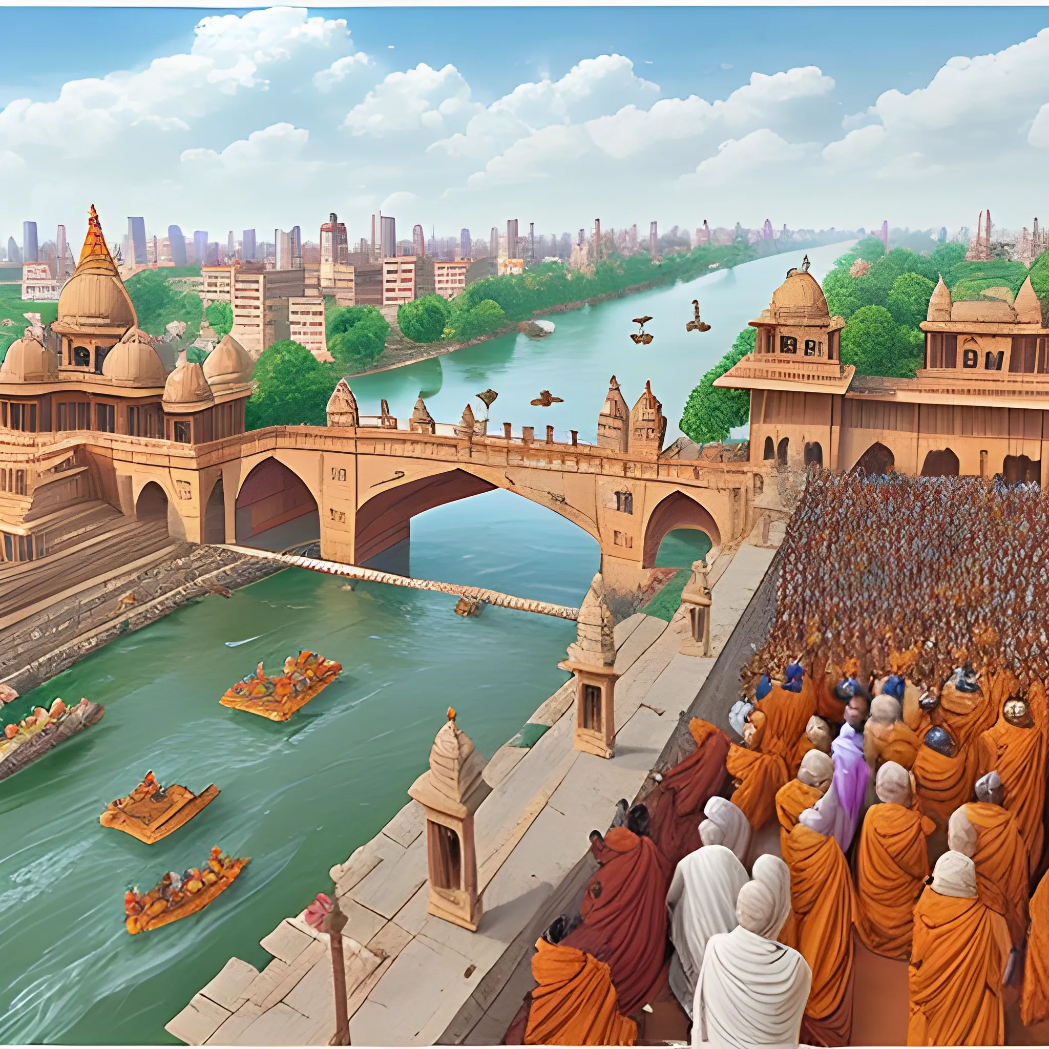 a picture of Ayodhya city during vedic period with lots of devotees, sadhus and hindu monks, best quality, high definition, very detailed, ultra realistic, several devotees, panaroma view, saryu river in the background, indian vedic period, vedic art, indian art