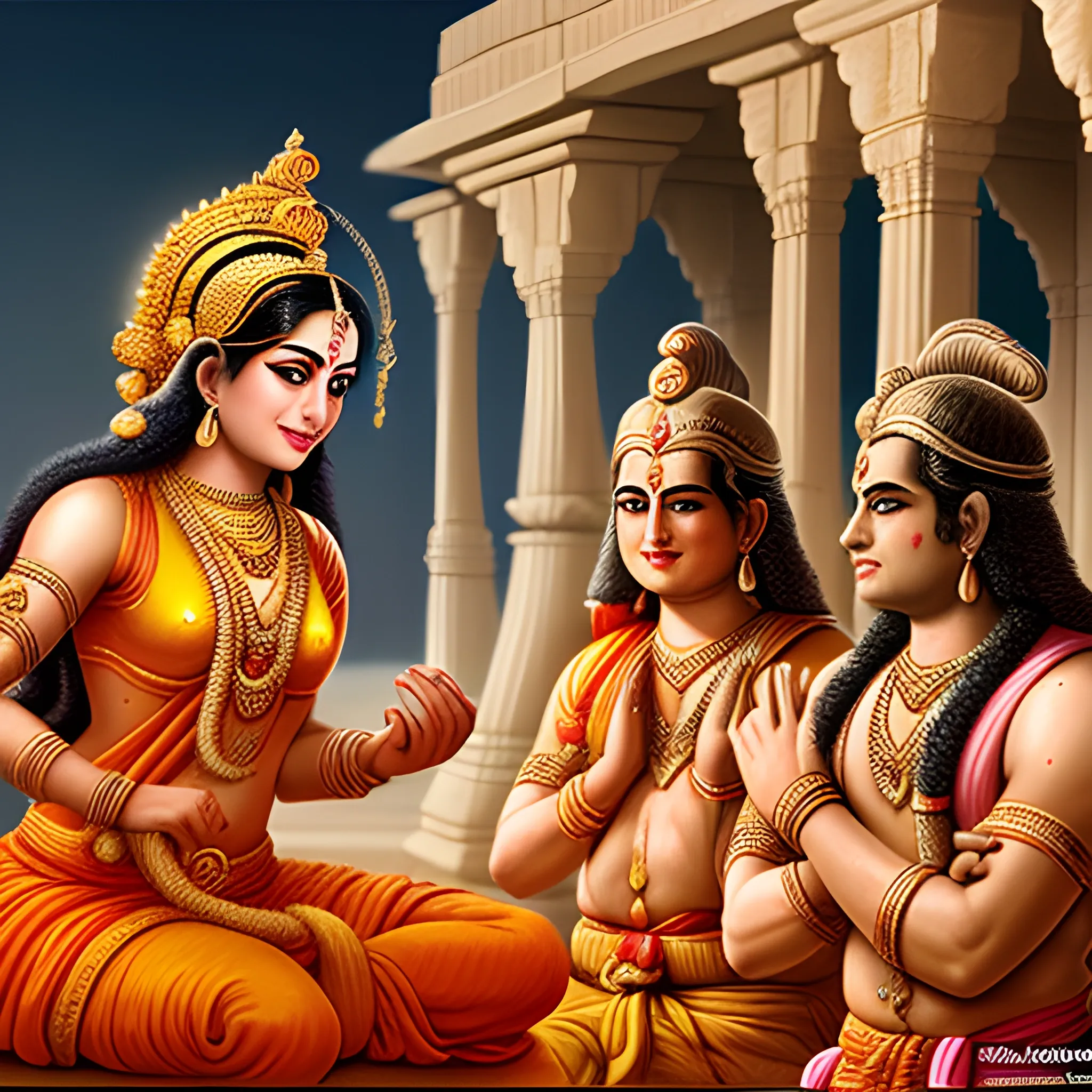 a scene from Ramayan located in Ayodhya, Vedic period, high definition, best quality, realistic, hindu rishis, Lord Rama, Lord Hanuman, Goddess Sita, Lord Lakshaman, realistic photos