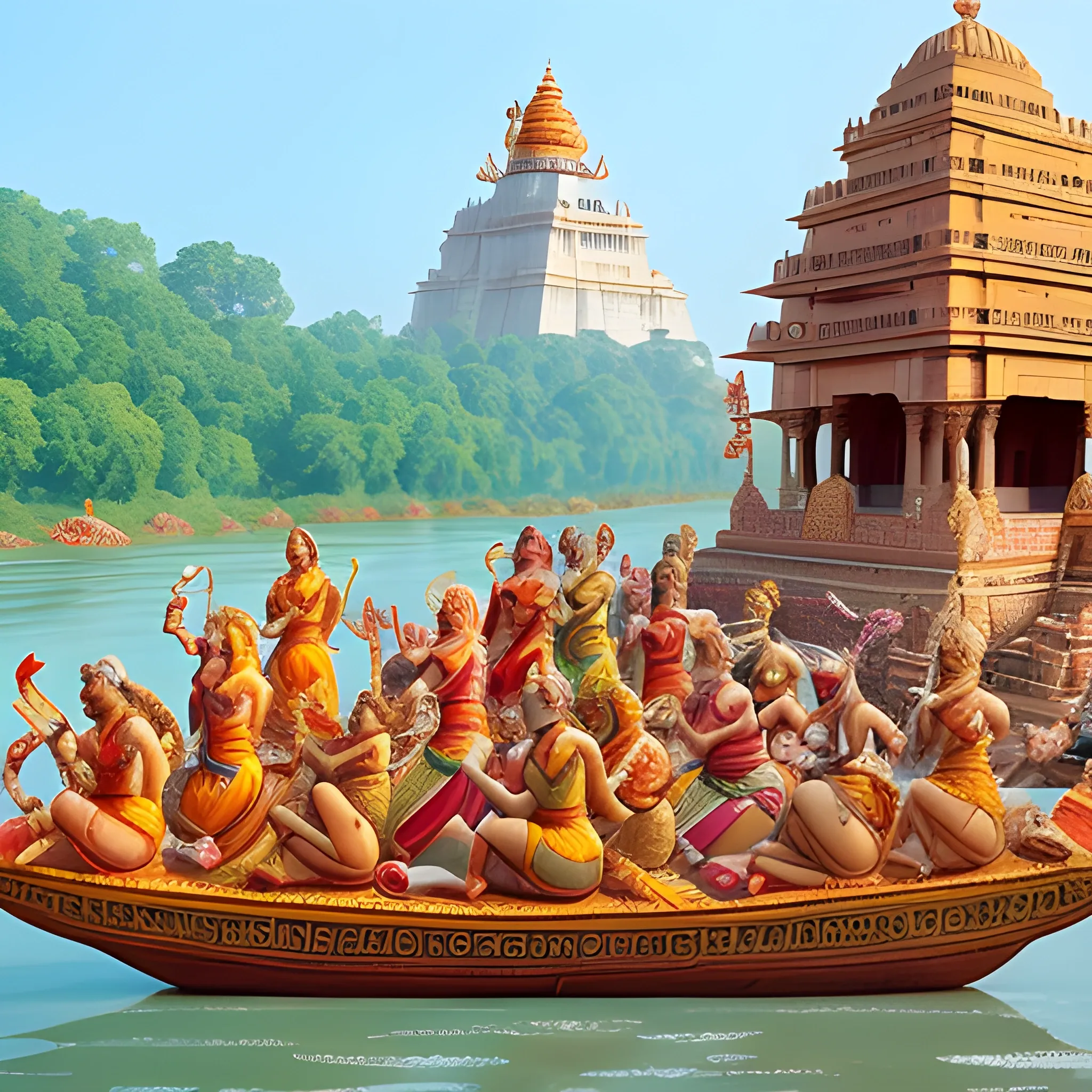 a scene from Ramayan located in Ayodhya, Vedic period, high definition, best quality, realistic, hindu rishis, Lord Rama, Lord Hanuman, Goddess Sita, Lord Lakshaman, realistic photos, beautiful faces, symmetric faces, lots of devotees, panoramic view, saryu river in background, temples, far camera angle