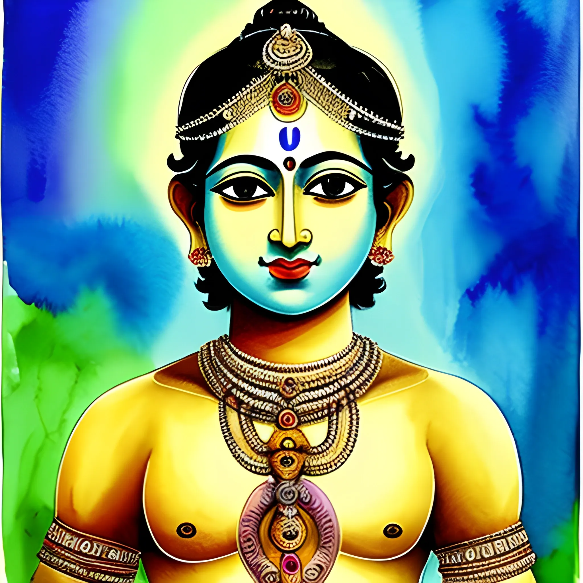 a beautiful portrait of hindu god lord Krishna, Water Color