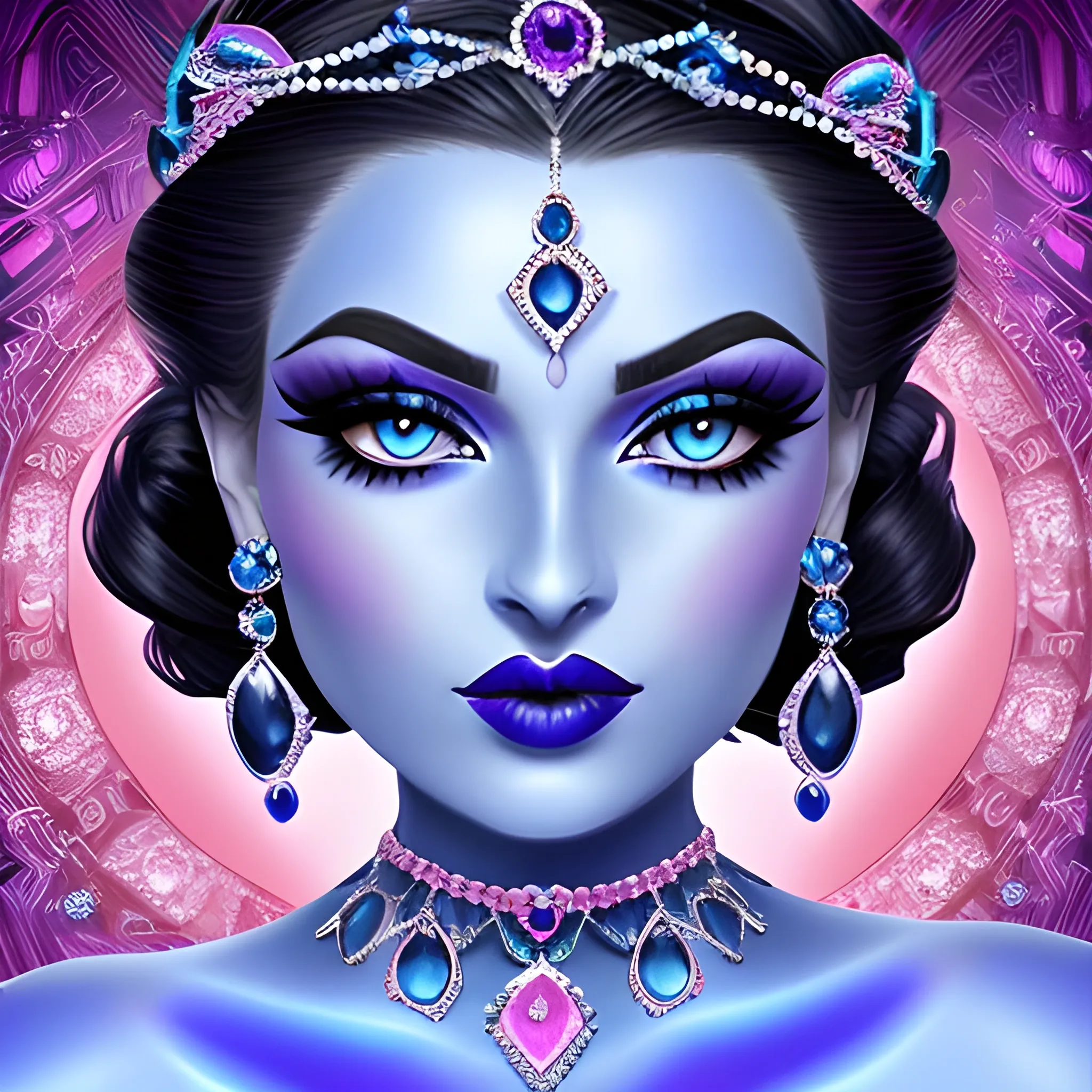 a Sapphire lady, feminine elegant princess ,  dark hair, large blue eyes, wearing jewls in her hair,  beautiful makeup, blue eyeshadow, dark pink lipstick, facial closeup, Trippy, Cartoon