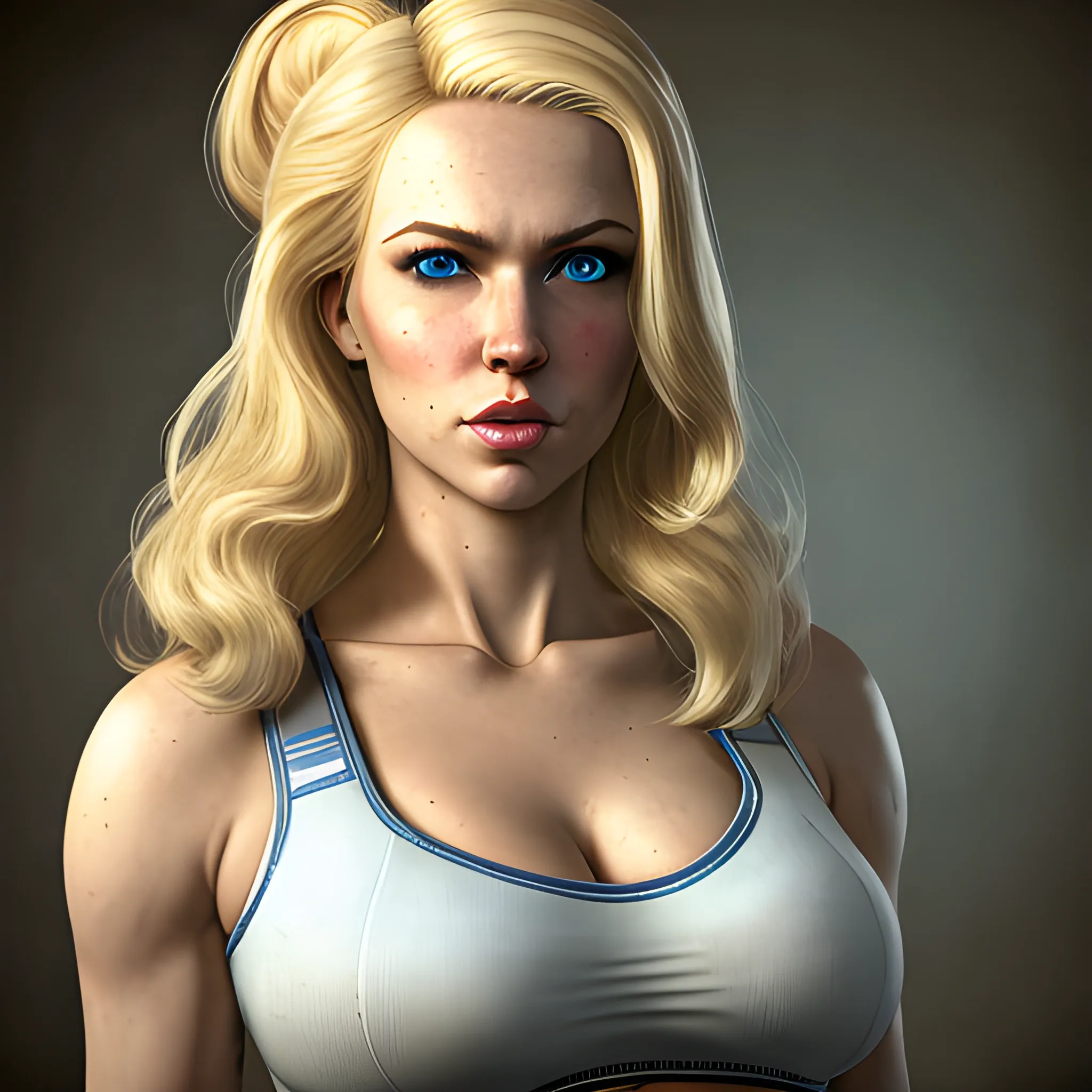 In the style of Fallout 1, (masterpiece), (portrait photography), (portrait of an adult Caucasian female), no makeup, large bosom, white sports bra, unbuttoned fallout vault dweller uniform, long blond hairstyle, blond hair, blue eyes, thin lips, pointed chin