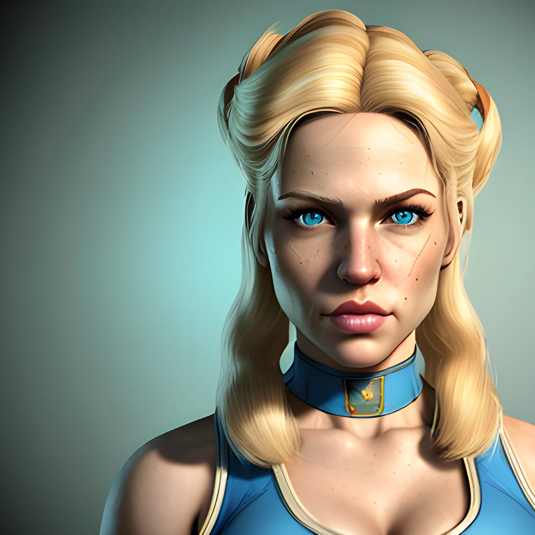 In the style of Fallout 1, (masterpiece), (portrait photography), (portrait of an adult Caucasian female), no makeup, large bosom, white sports bra, unbuttoned fallout vault dweller uniform, long blond hairstyle, blond hair, blue eyes, thin lips, pointed chin
