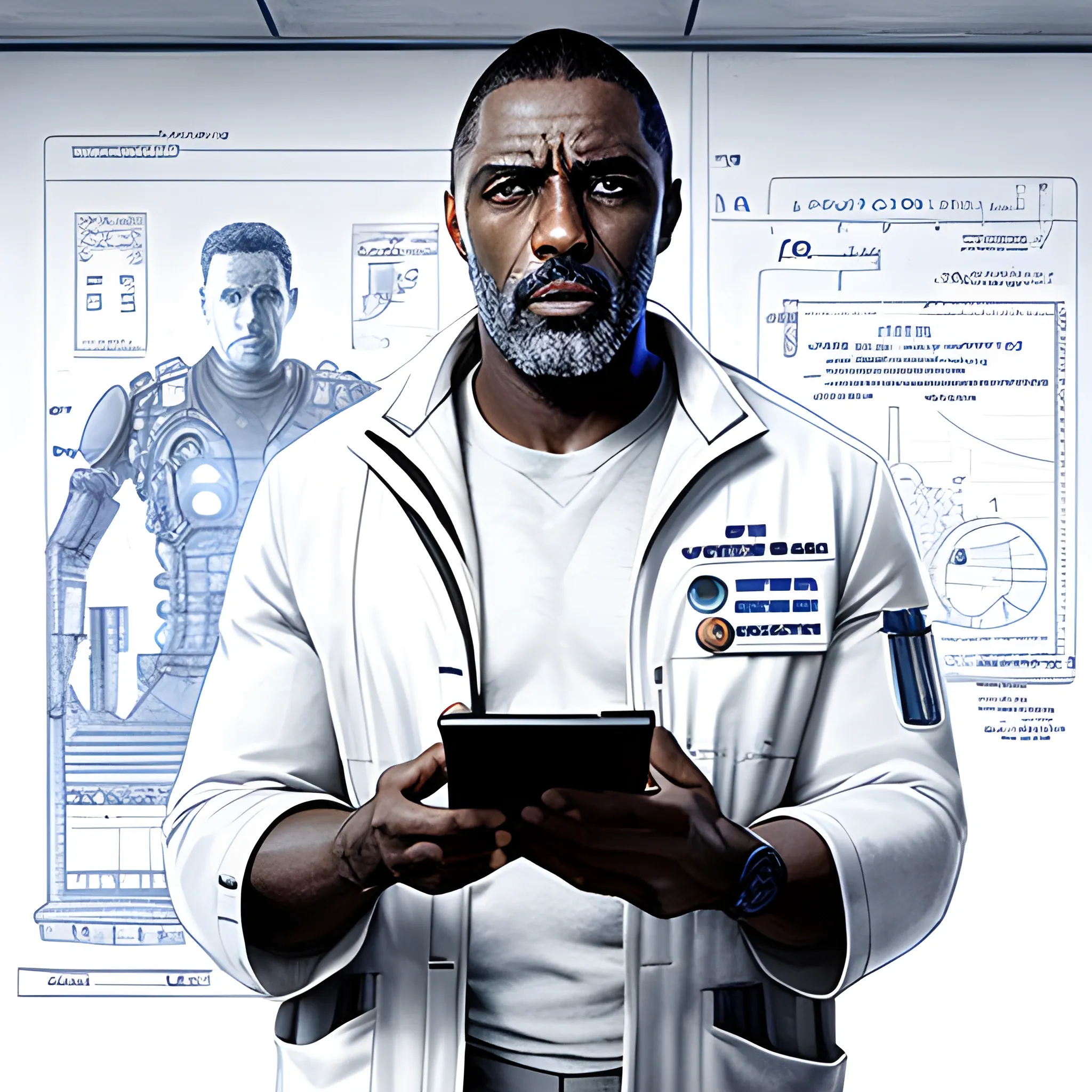 the expanse, scientist, idris elba, looking at handheld screen, white coat, middle distance, Pencil Sketch