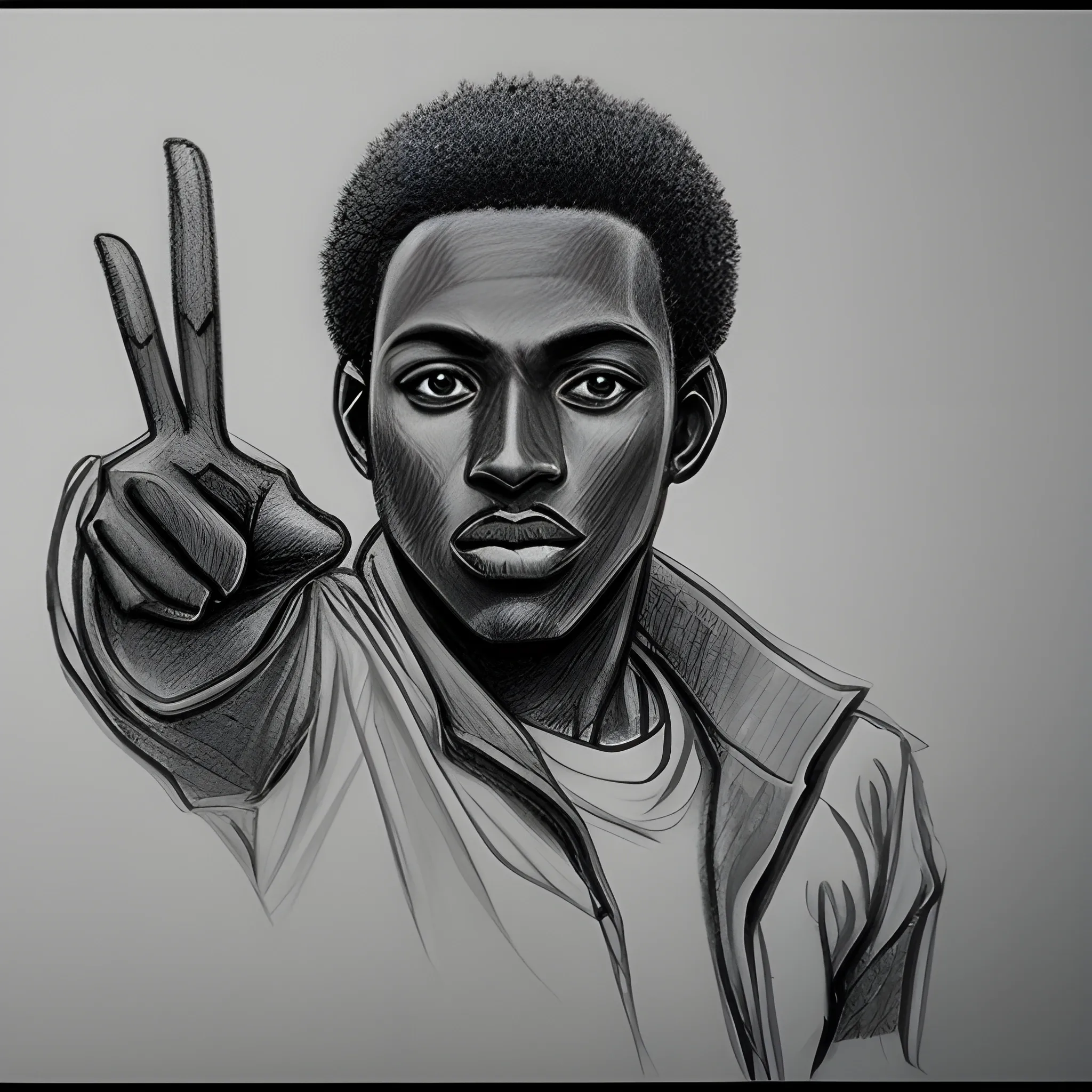 Dark skin male driving away from police and throws up a peace sign to the camera , Pencil Sketch