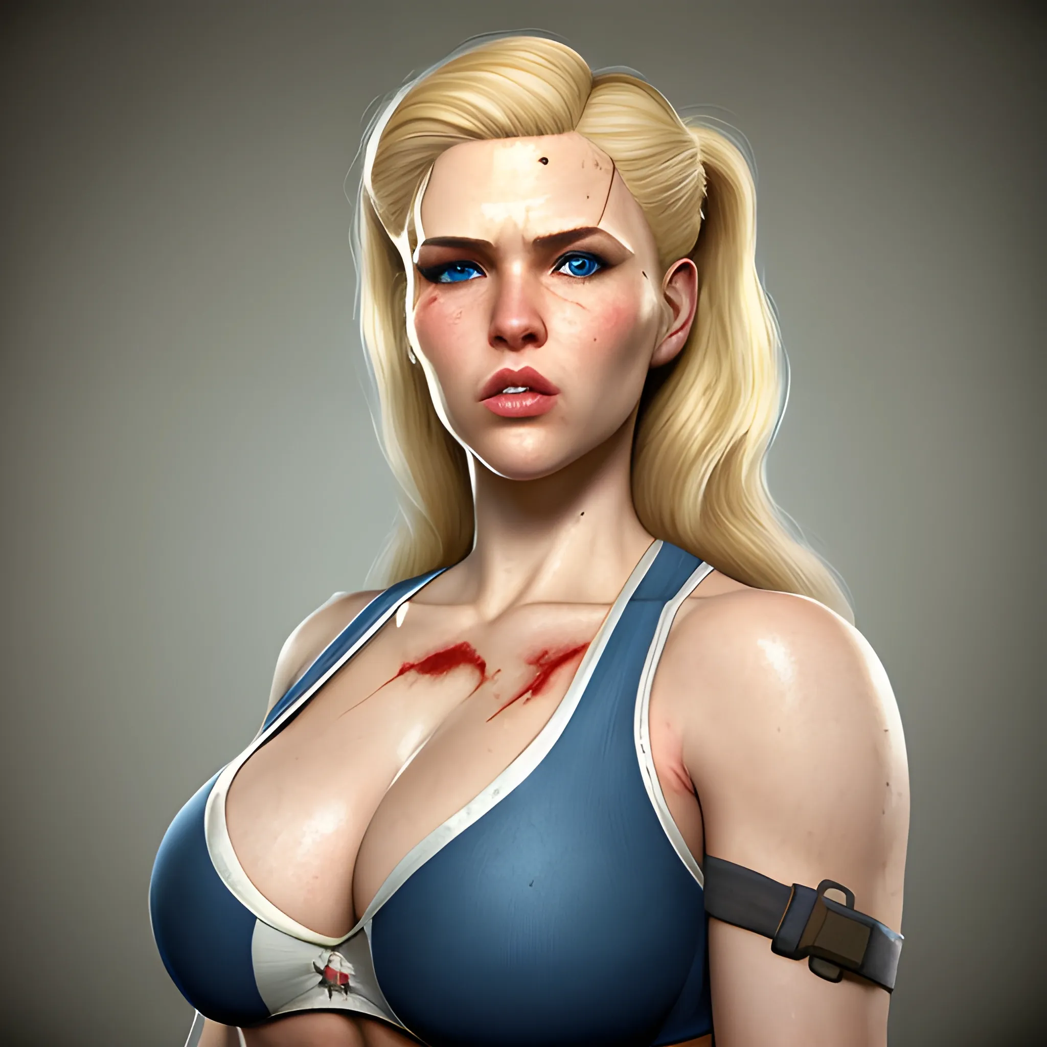 In the style of Fallout 1, (masterpiece), (portrait photography), (portrait of an adult Caucasian female), no makeup, large bosom, white sports bra, unbuttoned fallout vault dweller uniform, long blond hairstyle, blond hair, blue eyes, thin lips, pointed chin, scarred face