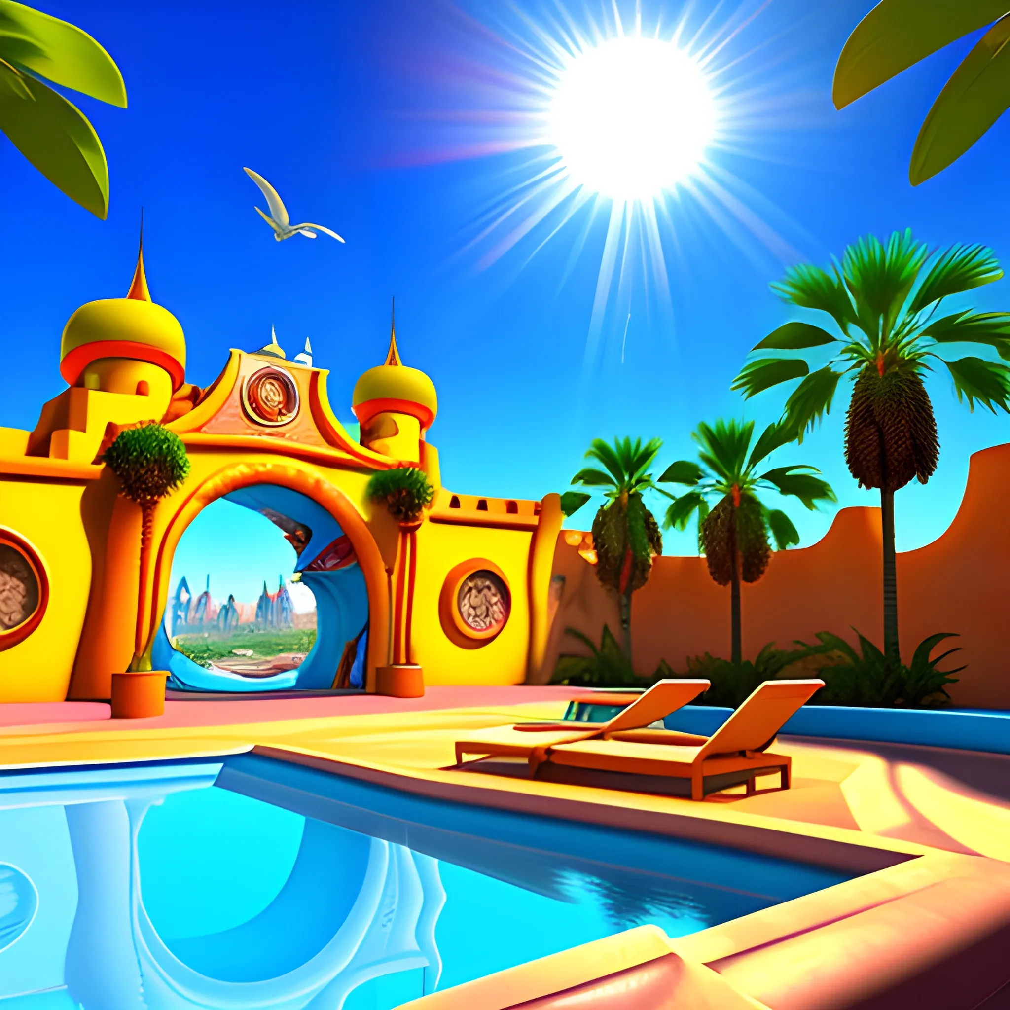 3d Disney animation, mexican kid, weather sun, pool