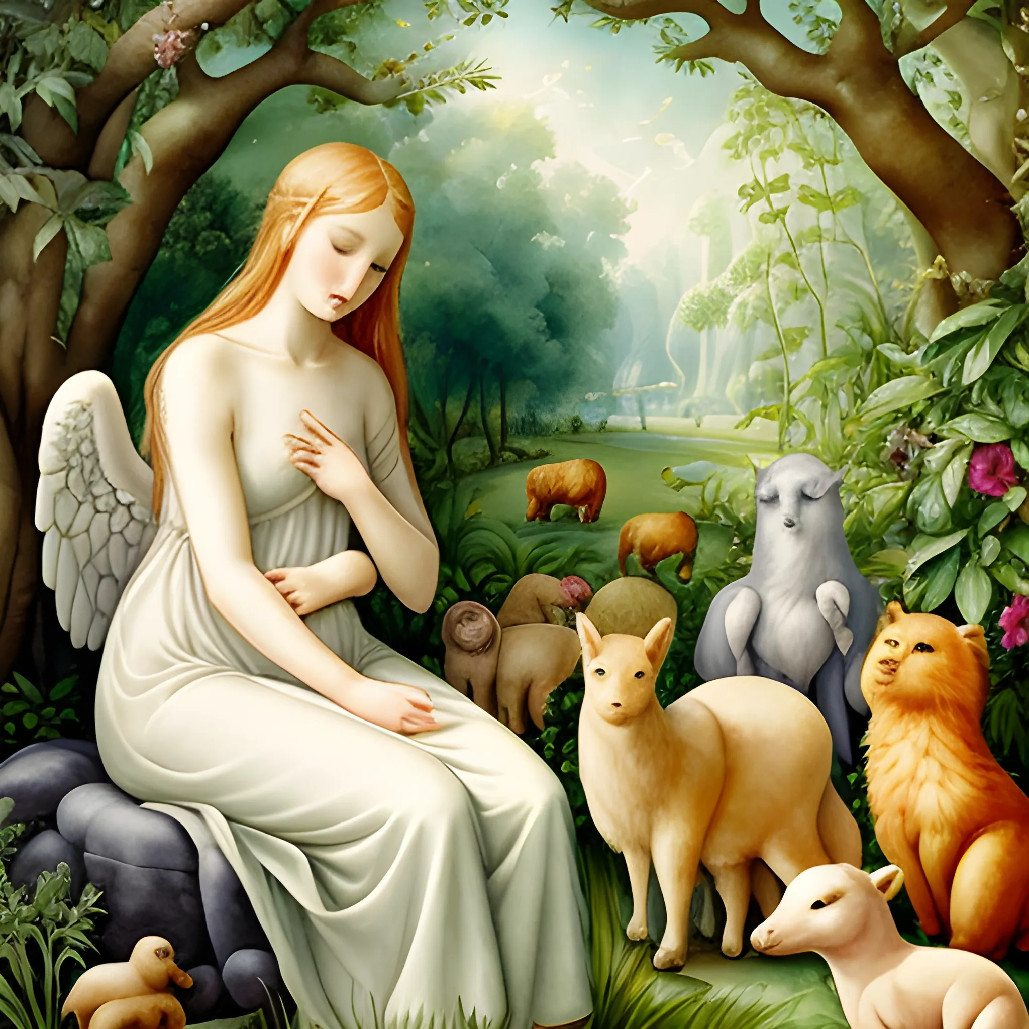 watercolor illustration of angel sitting in the garden of Eden surrounded by animals, enlightened allegory, Oil Painting