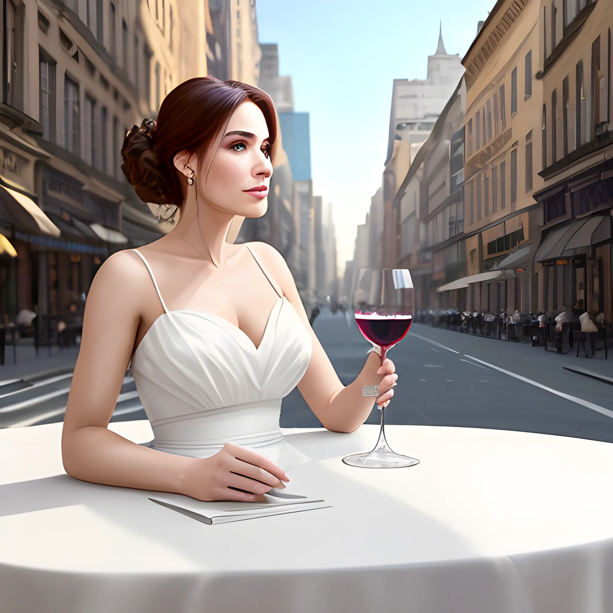an extraordinarily beautiful woman in a white dress with a glass of wine is sitting at the table :: ultra detail :: hyperrealism:: clear image;; hd::8k::masterpiece::daylight ::city street background