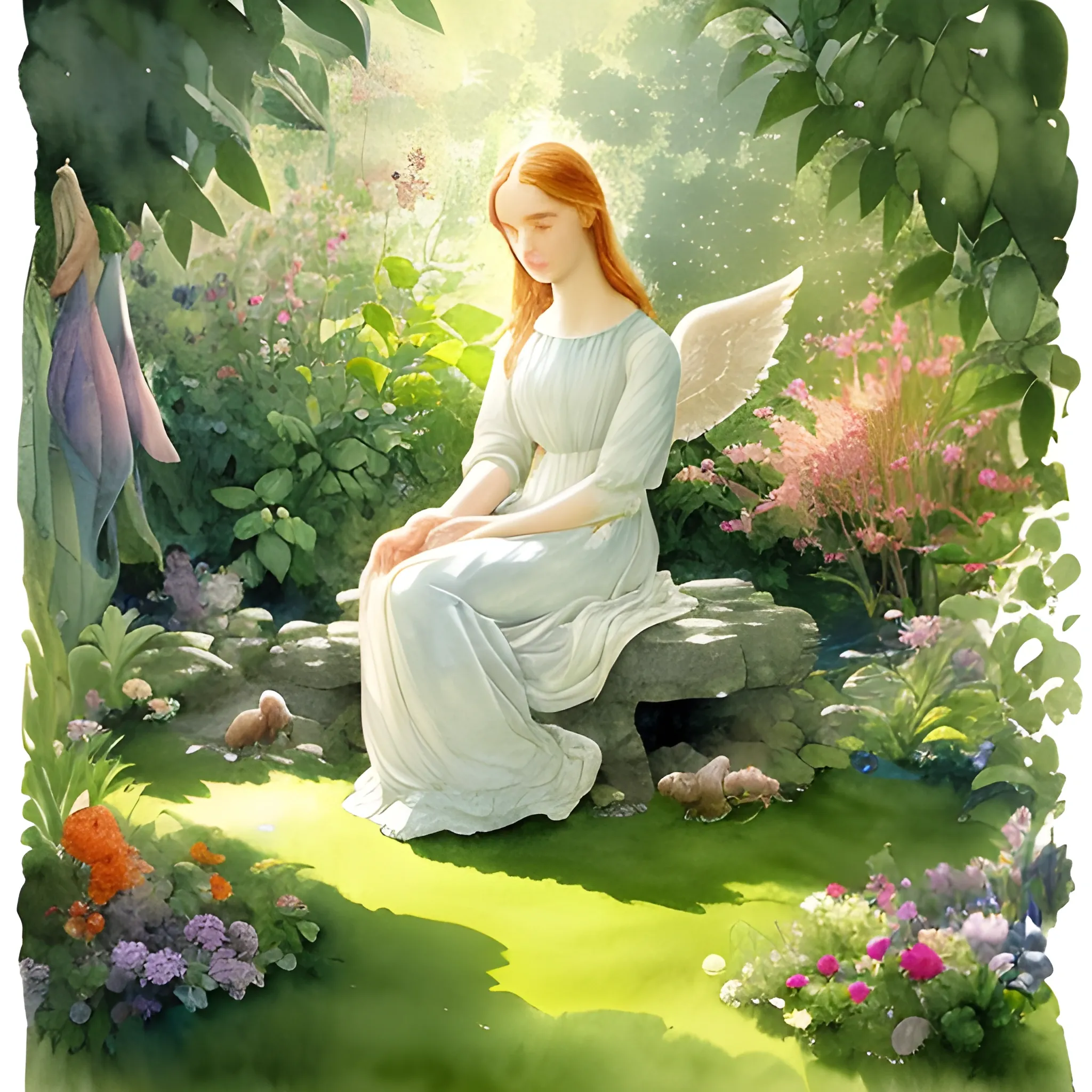 An award-winning color photograph of an illustration in watercolor depicting an angel sitting in the Garden of Eden, surrounded by animals. The artwork draws inspiration from the works of renowned watercolor artists Winslow Homer and John Singer Sargent. The scene should be captured in high resolution with a macro lens to capture the intricate details and delicate brushwork of the watercolor painting. The angel should be depicted in a serene and contemplative pose, with a soft, ethereal glow emanating from their presence. The garden should be lush and vibrant, filled with a variety of flora and fauna, each carefully rendered with rich colors and intricate textures. The lighting should be warm and diffused, casting a gentle glow on the entire scene. The overall mood of the illustration should be one of tranquility, beauty, and harmony. The photograph should be edited to preserve the delicate nuances of the watercolor medium, enhancing the colors and textures while maintaining the integrity and authenticity of the original artwork
