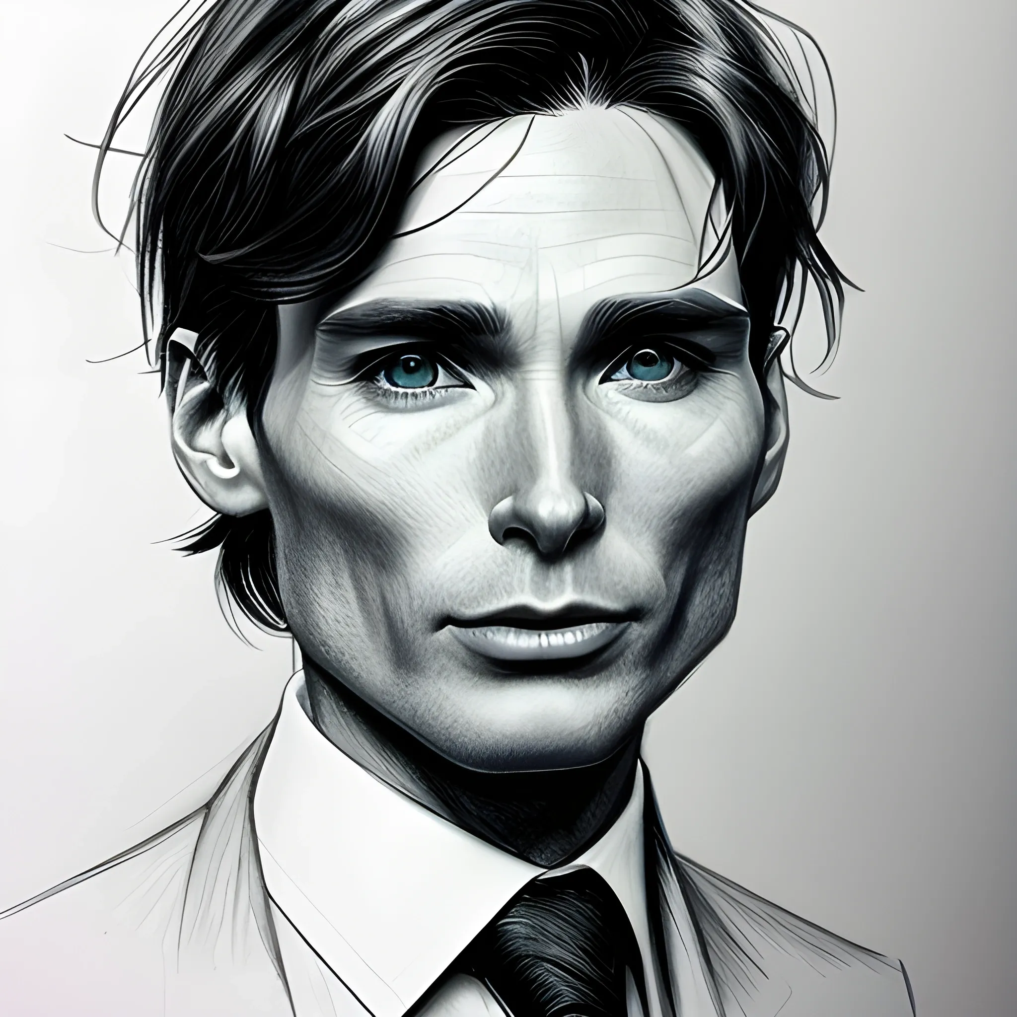 , Pencil Sketch, Cillian Murphy con barba, contacto visual fijo a la cámara, colorido, entusiasmo, feliz de actuar, cooperativo,