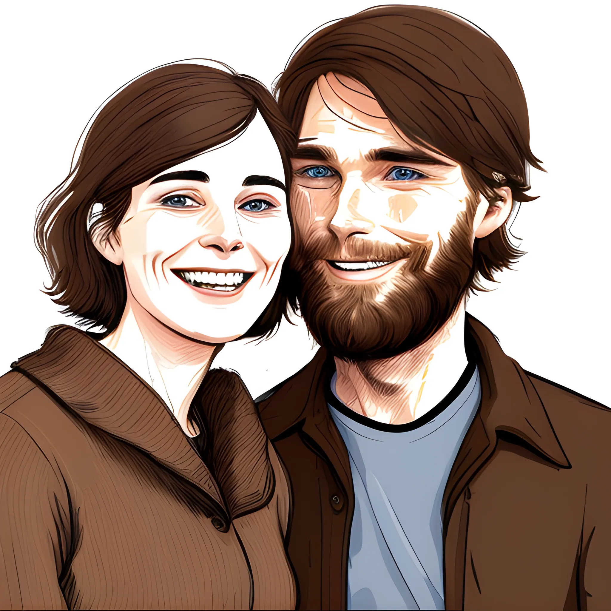 sketch style, cillian murphy with beard, happy, enthusiastic, about 45 years direct contact with the camera, drawing style, next to him a woman between 30 and 35 years old attached to him, the woman laughing enthusiastically, brown hair, upturned nose, old clothes