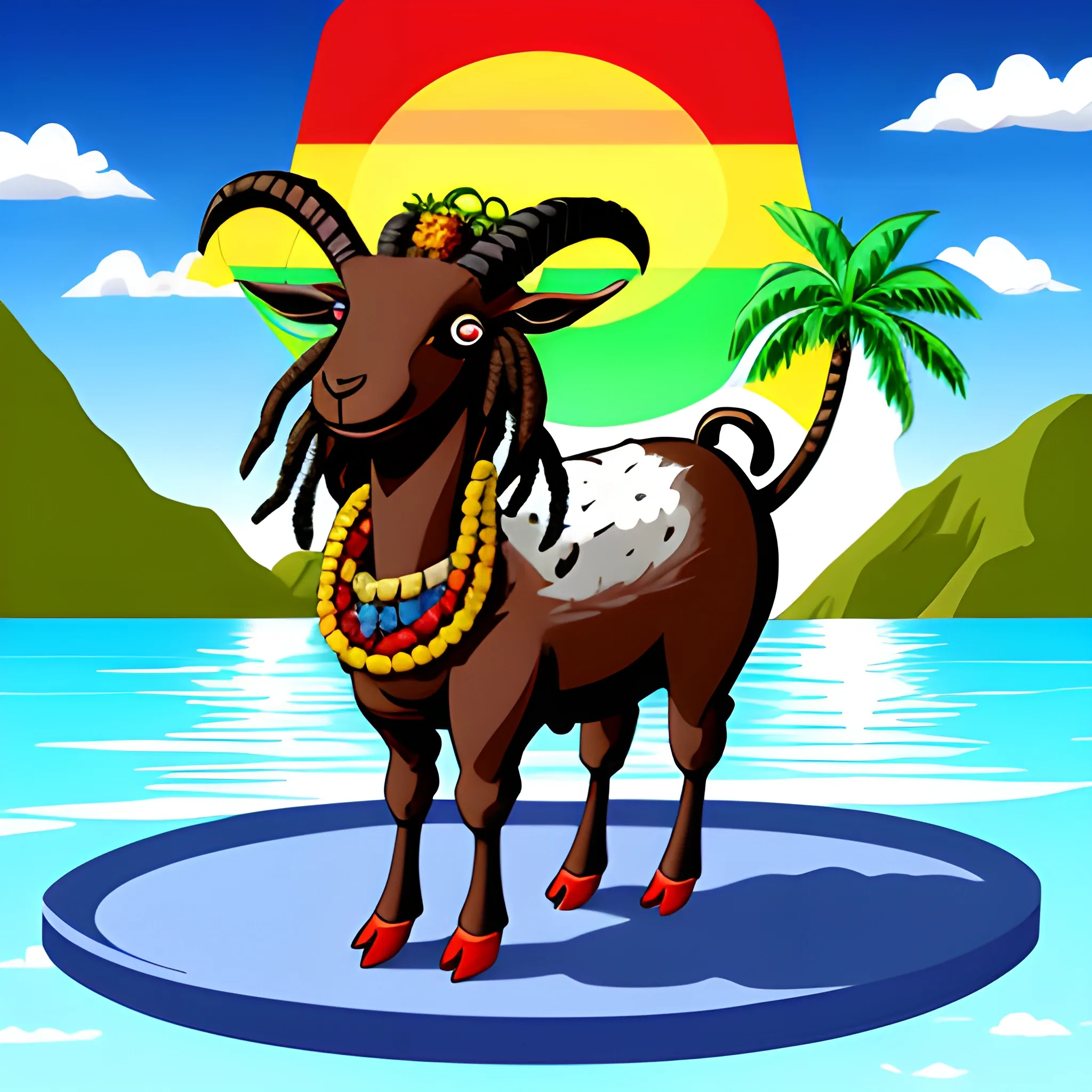 Rastafarian Goat, Red Eyes, Cartoon, Island Background