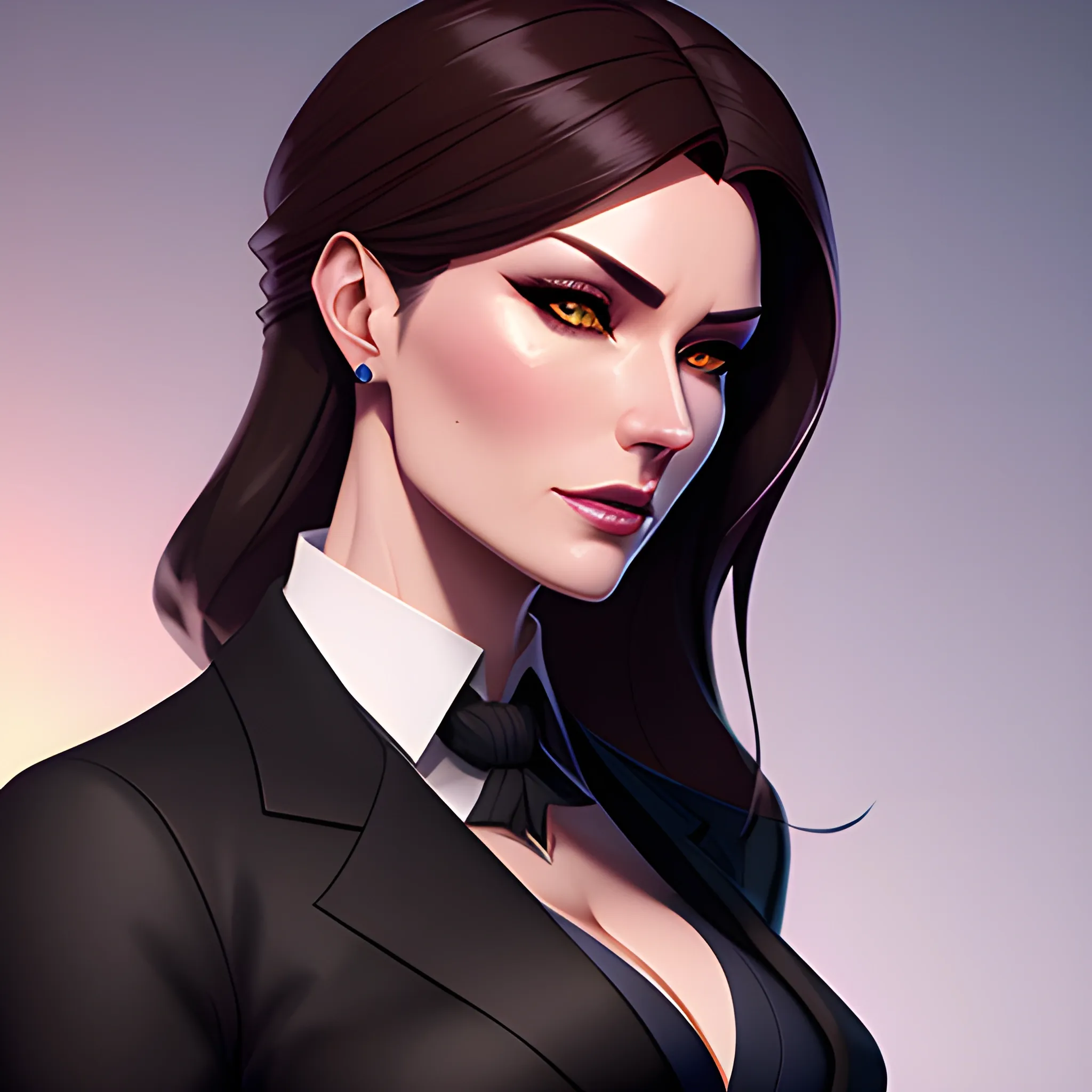 arcane style, Posh girl wearing an open blazer, tie, detailed portrait, cell shaded, 4 k, concept art, by wlop, ilya kuvshinov, artgerm, krenz cushart, greg rutkowski, pixiv. cinematic dramatic atmosphere, sharp focus, volumetric lighting, cinematic lighting, studio quality