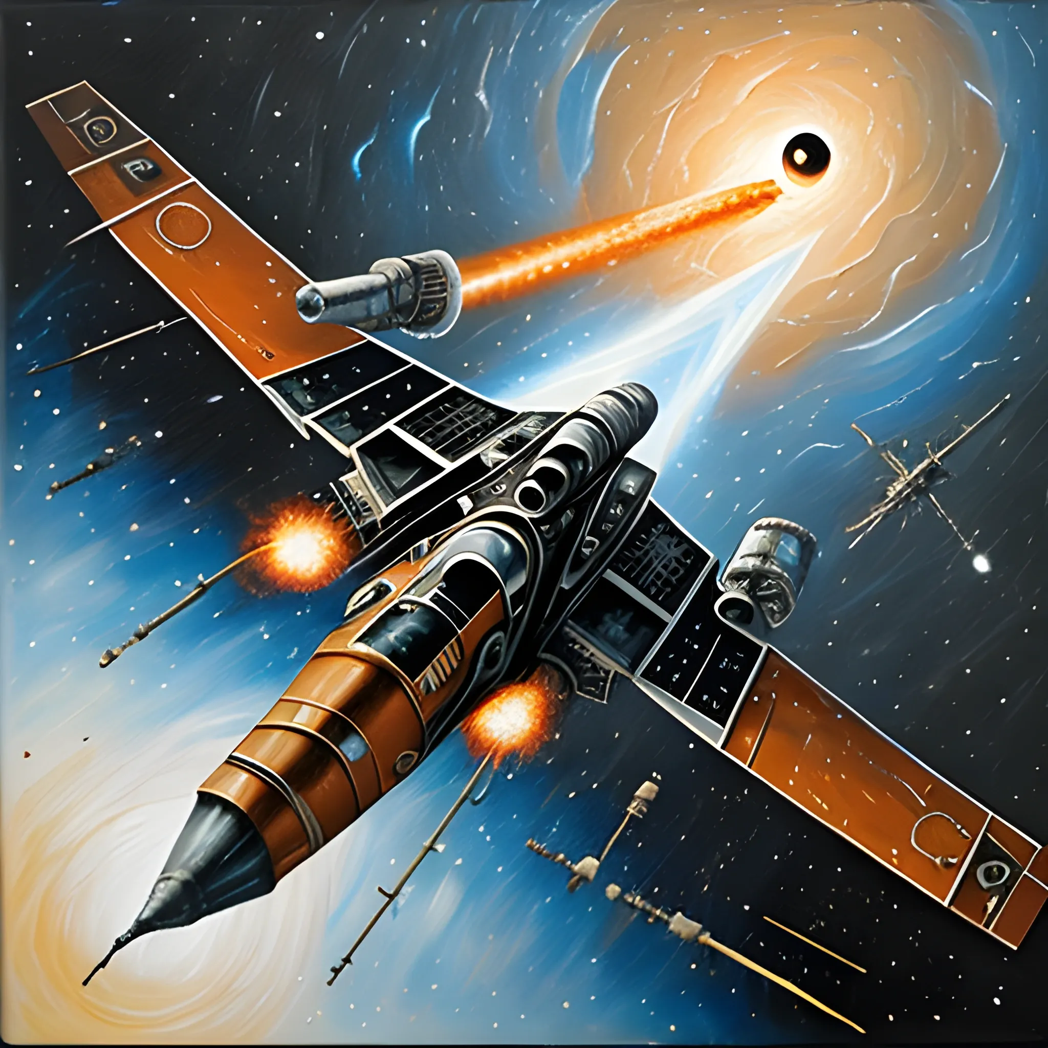 XWing, Flying in Space, Black Hole behind it, , Oil Painting