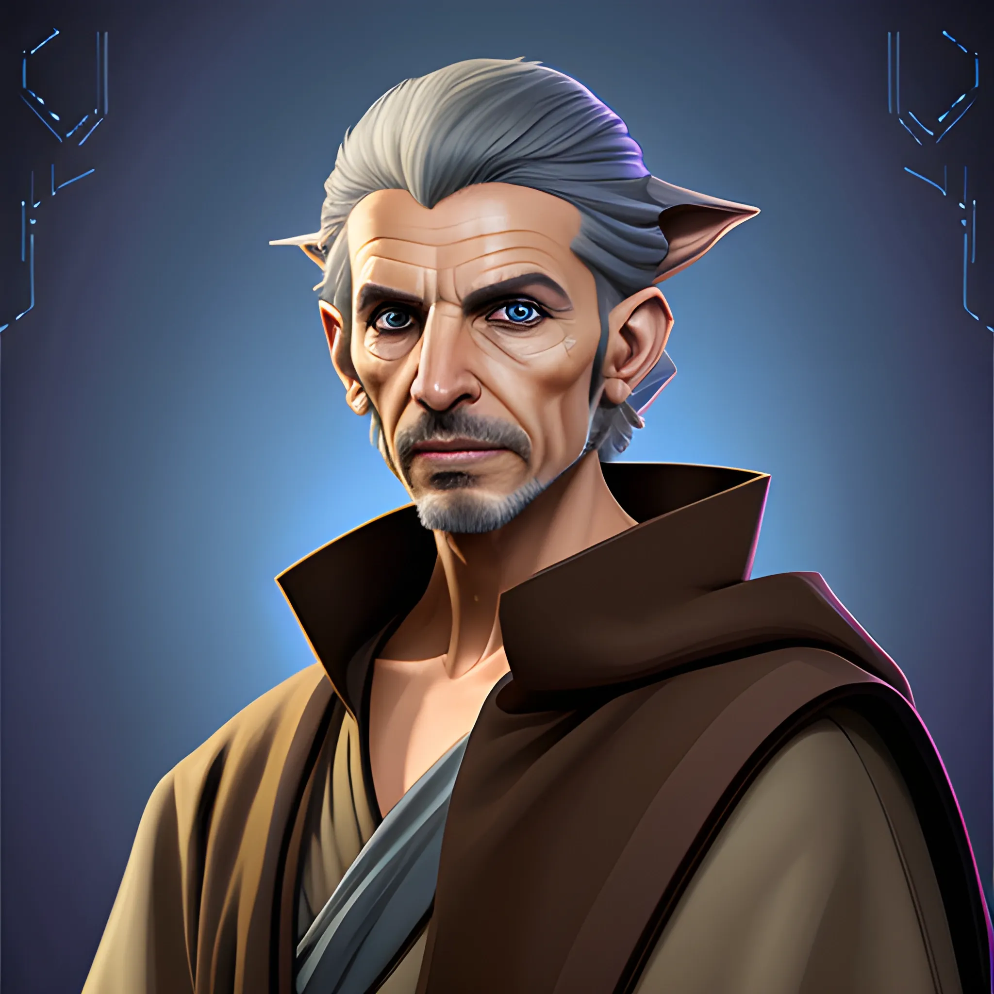 Create a portrait of a Rattataki male Jedi in the style of Arcanum show.