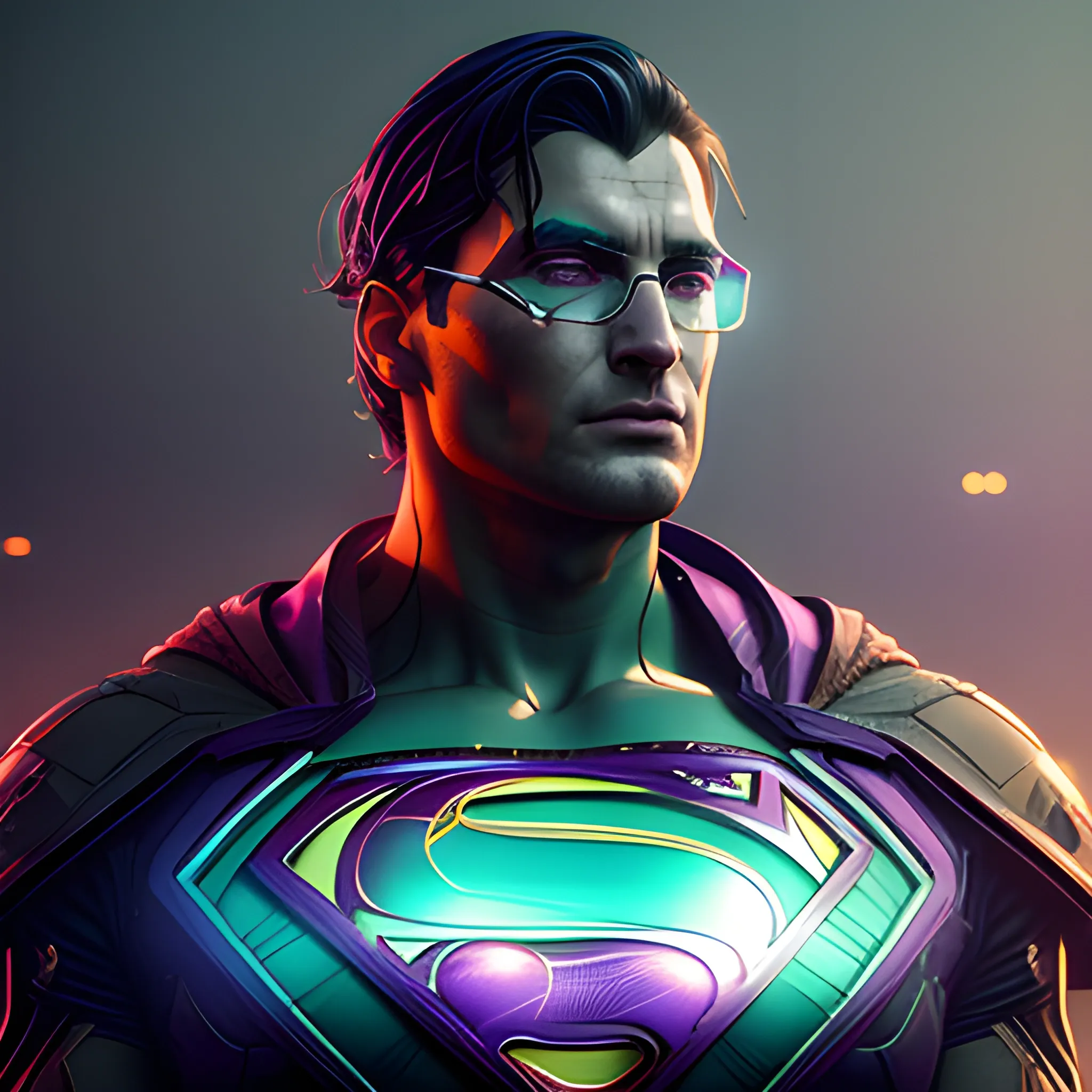 A beautiful cyberpunk Superman portrait by greg rutkowski and wlop and sandra chevrier, deep purple green color scheme, high key lighting, volumetric lighting,..., 3D, 3D, Trippy