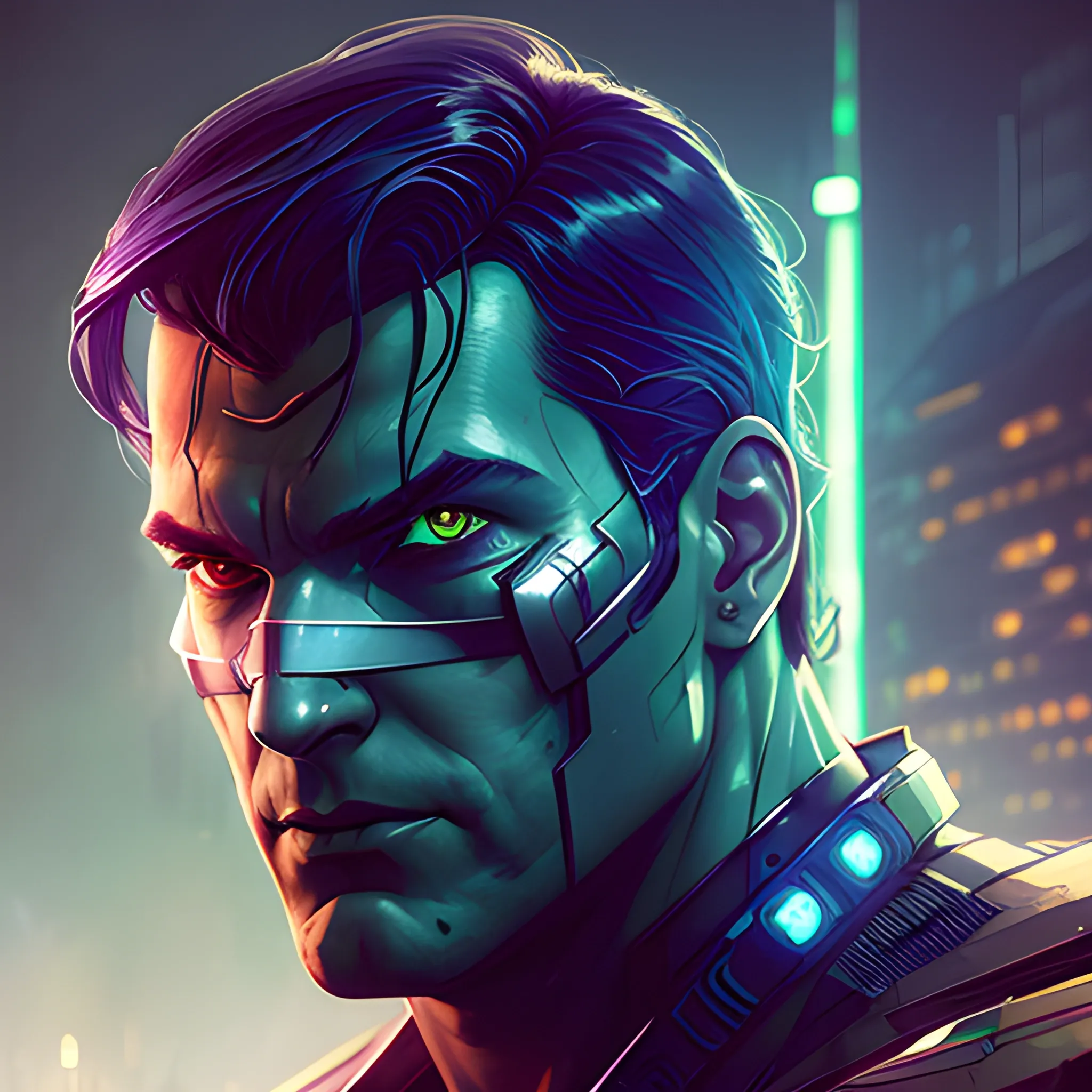 A beautiful cyberpunk Superman portrait by greg rutkowski and wlop and sandra chevrier, deep purple green color scheme, high key lighting, volumetric lighting,..., 3D, Pencil Sketch