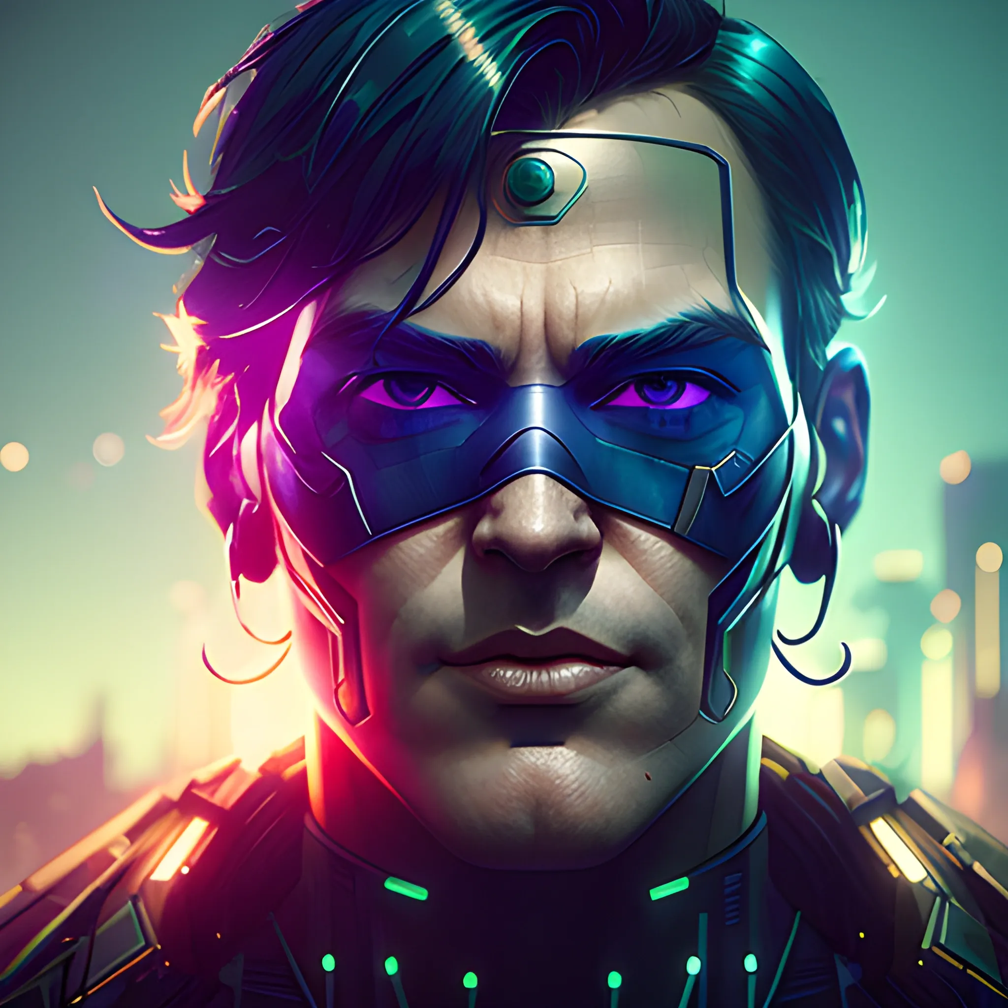 A beautiful cyberpunk Superman portrait by greg rutkowski and wlop and sandra chevrier, deep purple green color scheme, high key lighting, volumetric lighting,..., 3D