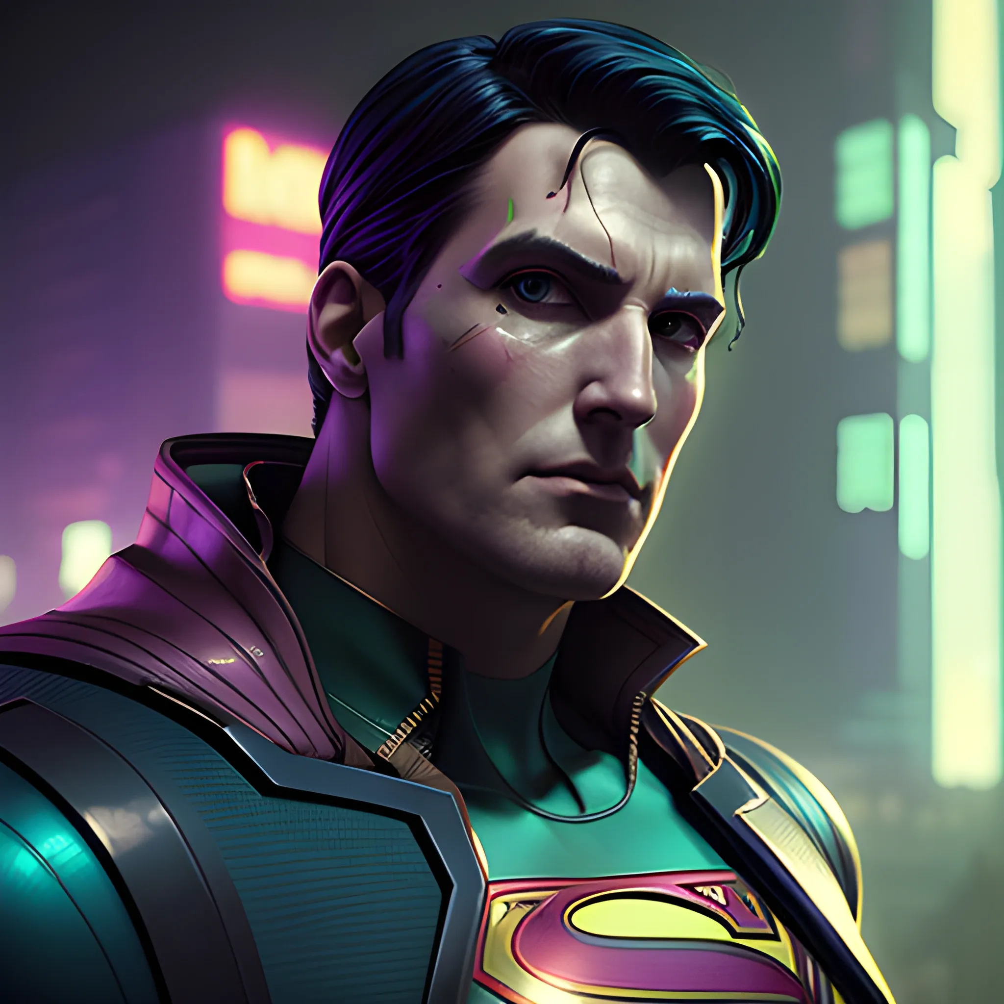 A beautiful cyberpunk Superman portrait by greg rutkowski and wlop and Pixar movie, deep purple green color scheme, high key lighting, volumetric lighting,..., 3D, 3D, 3D