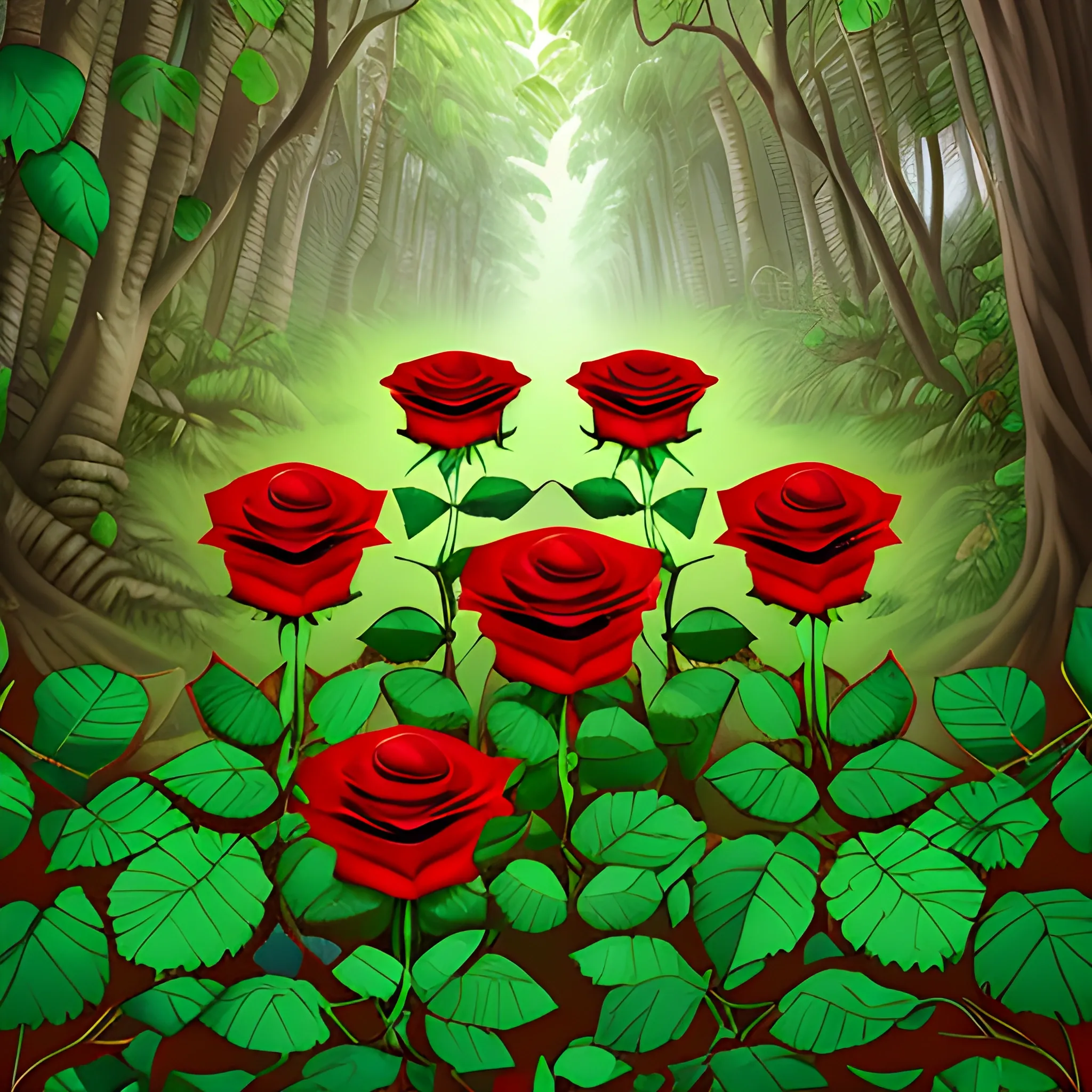 red roses in the middle of the jungle, Cartoon, realistic