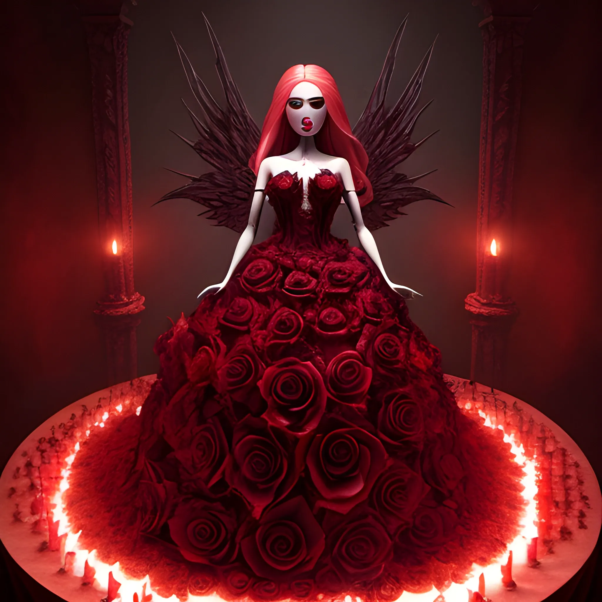 The blood-thirsty red rose blooms ominously over barbies body , Detailed and Intricate, Fantasy, Realistic, Surrealist, Dramatic, Beautiful Lighting, Evil, Fear, Horrifying