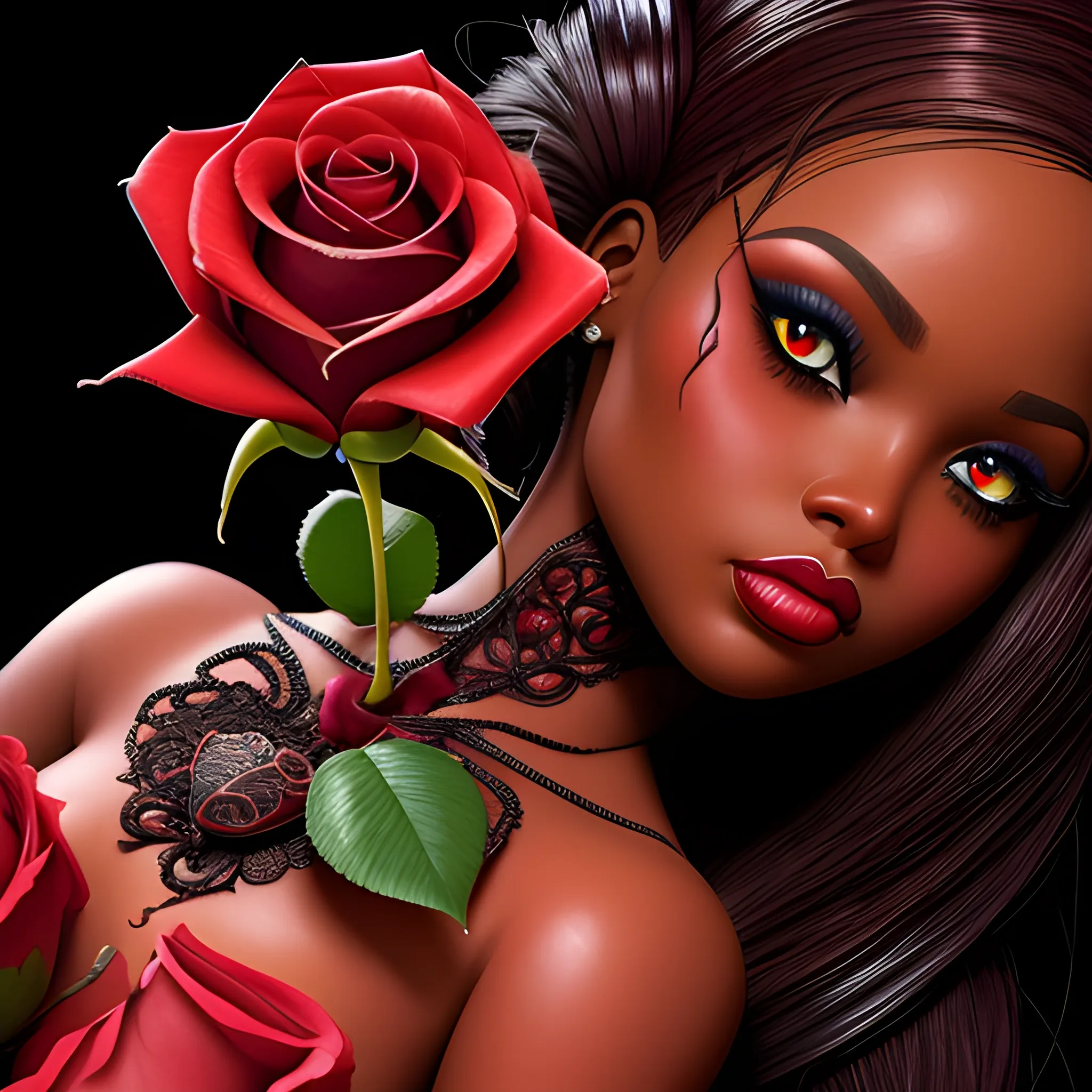 The blood-thirsty red rose blooms ominously over dominican republic brown barbie, Detailed and Intricate, Fantasy, Realistic, Surrealist, Dramatic, Beautiful Lighting, Evil, Fear, Horrifying