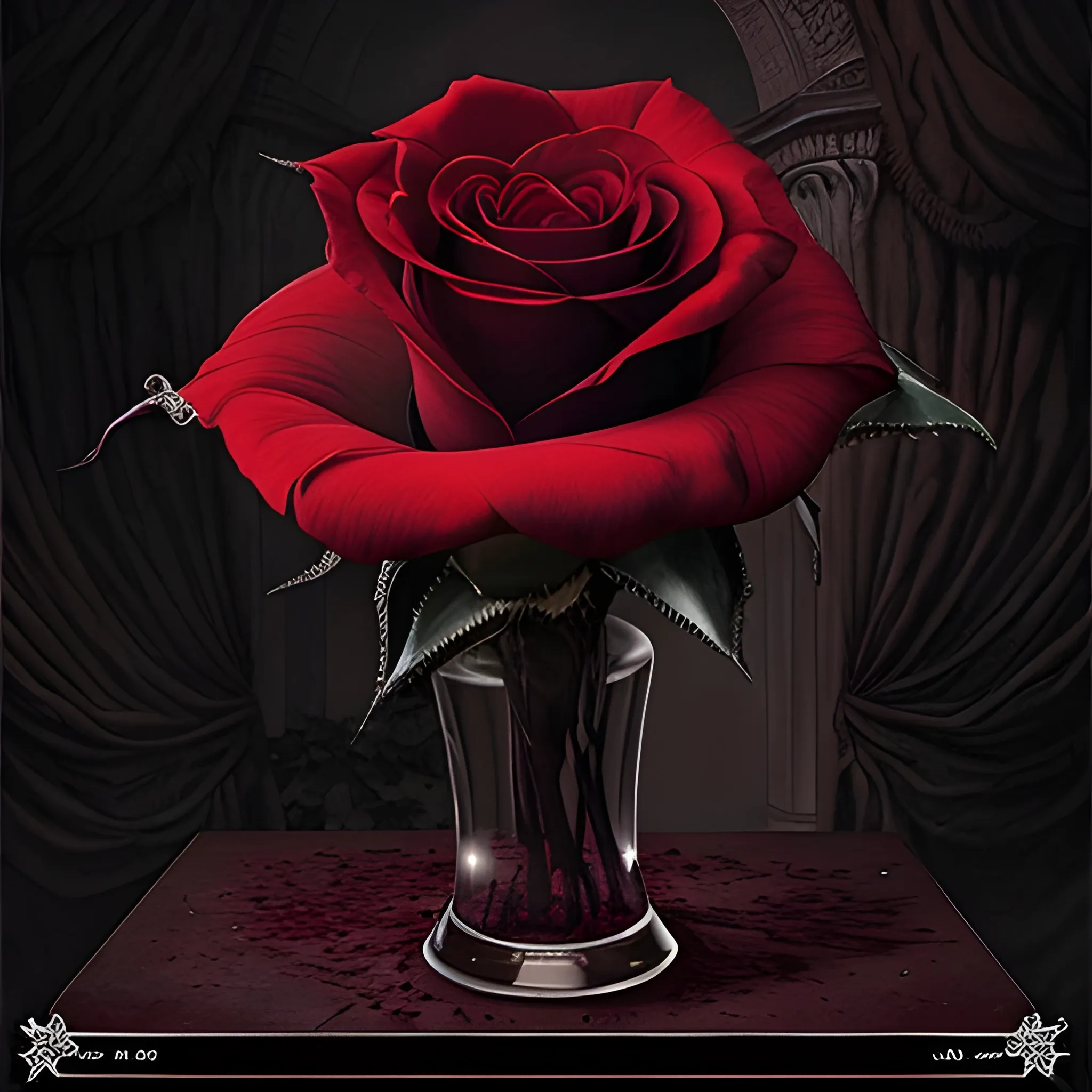 The blood-thirsty red rose blooms ominously over dominican republic black barbier , Detailed and Intricate, Fantasy, Realistic, Surrealist, Dramatic, Beautiful Lighting, Evil, Fear, Horrifying