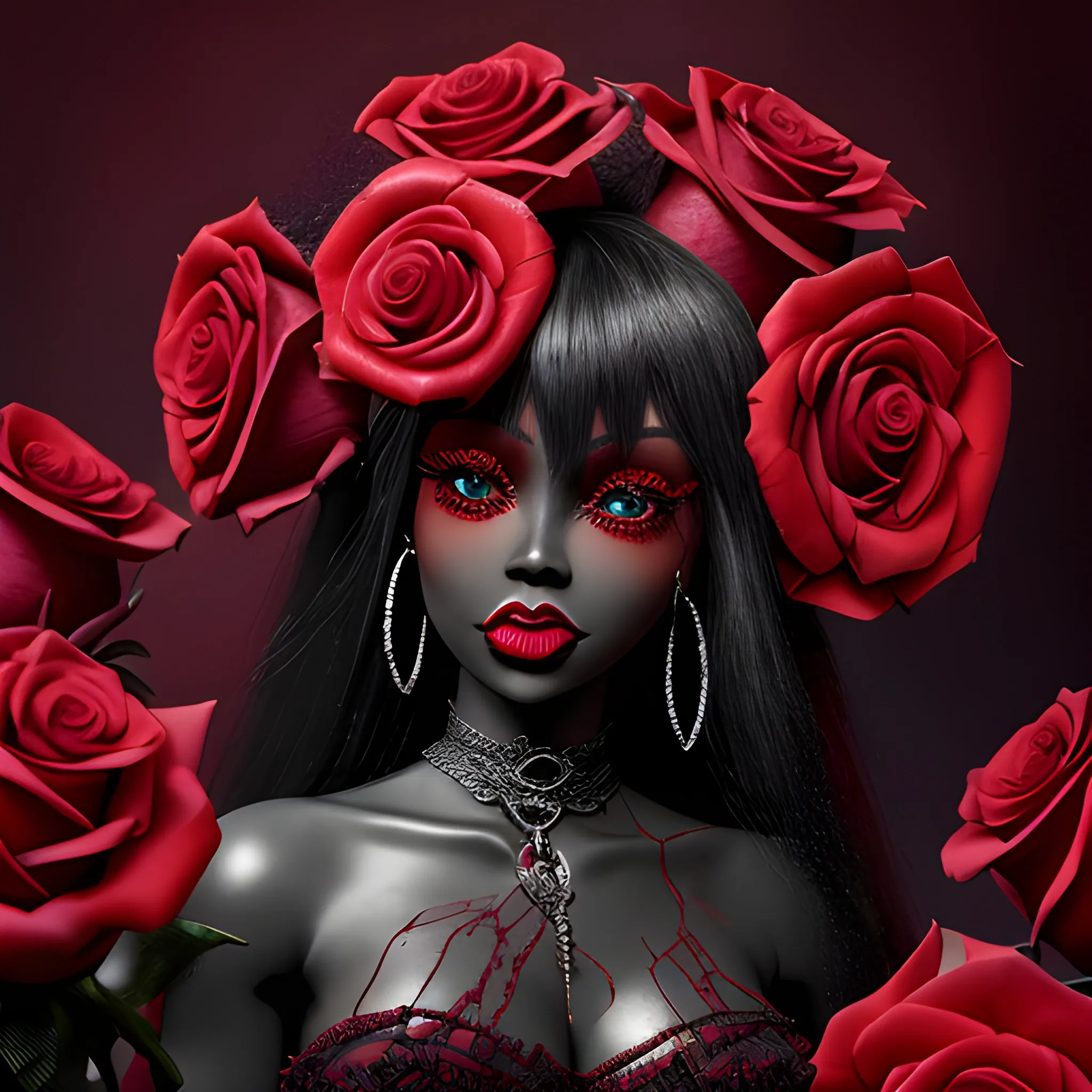 The blood-thirsty red rose blooms ominously over dominican republic black barbie , Detailed and Intricate, Fantasy, Realistic, Surrealist, Dramatic, Beautiful Lighting, Evil, Fear, Horrifying