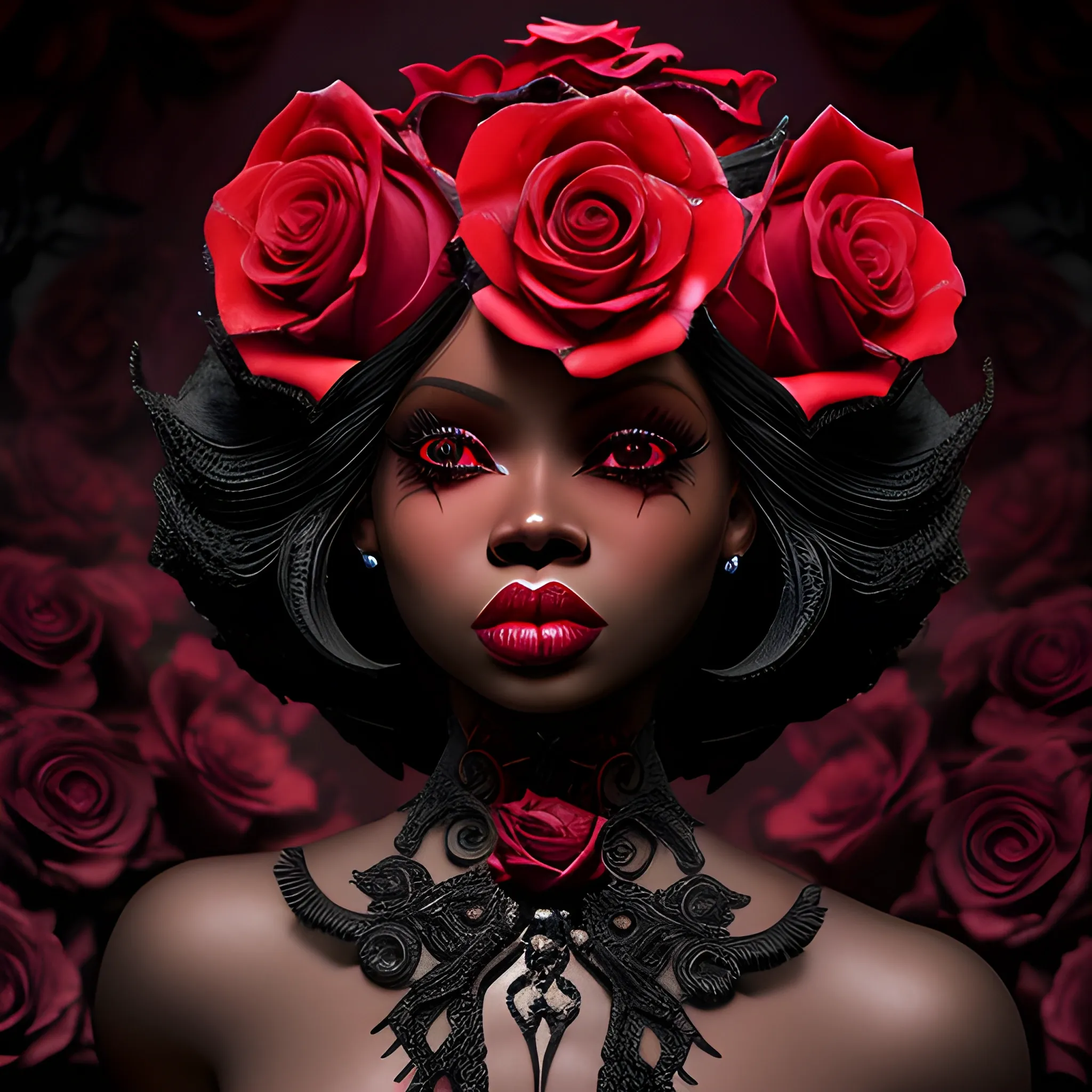 The blood-thirsty red rose blooms ominously over dominican republic black barbie , Detailed and Intricate, Fantasy, Realistic, Surrealist, Dramatic, Beautiful Lighting, Evil, Fear, Horrifying