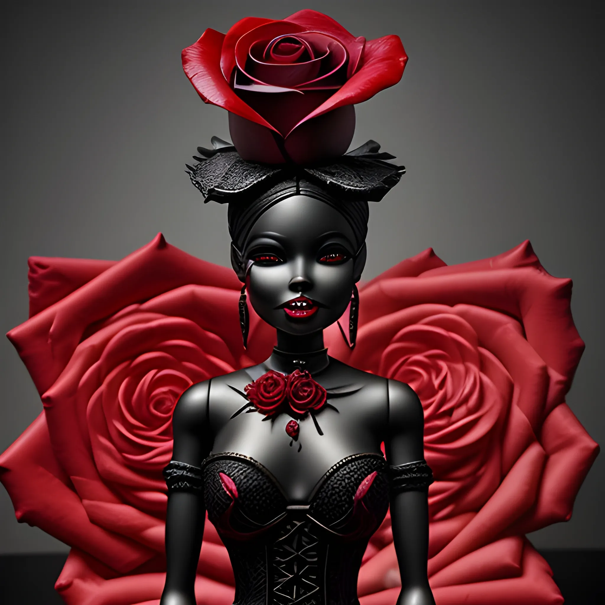 The blood-thirsty red rose blooms ominously over black barbie , Detailed and Intricate, Fantasy, Realistic, Surrealist, Dramatic, Beautiful Lighting, Evil, Fear, Horrifying