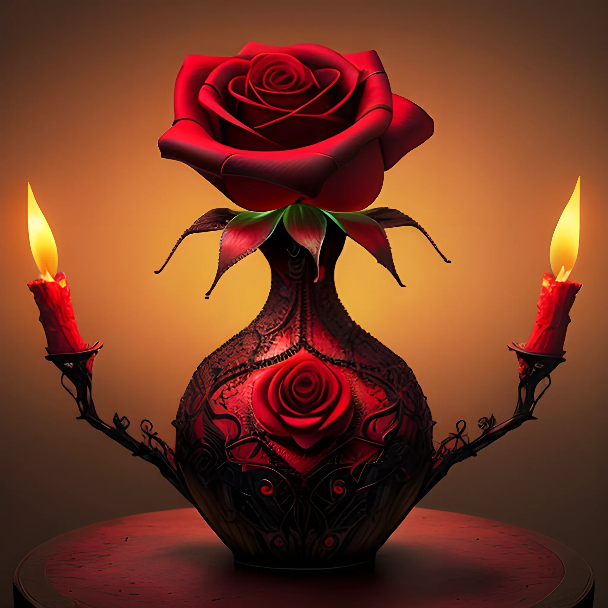 The blood-thirsty red rose blooms ominously over brown barbie , Detailed and Intricate, Fantasy, Realistic, Surrealist, Dramatic, Beautiful Lighting, Evil, Fear, Horrifying