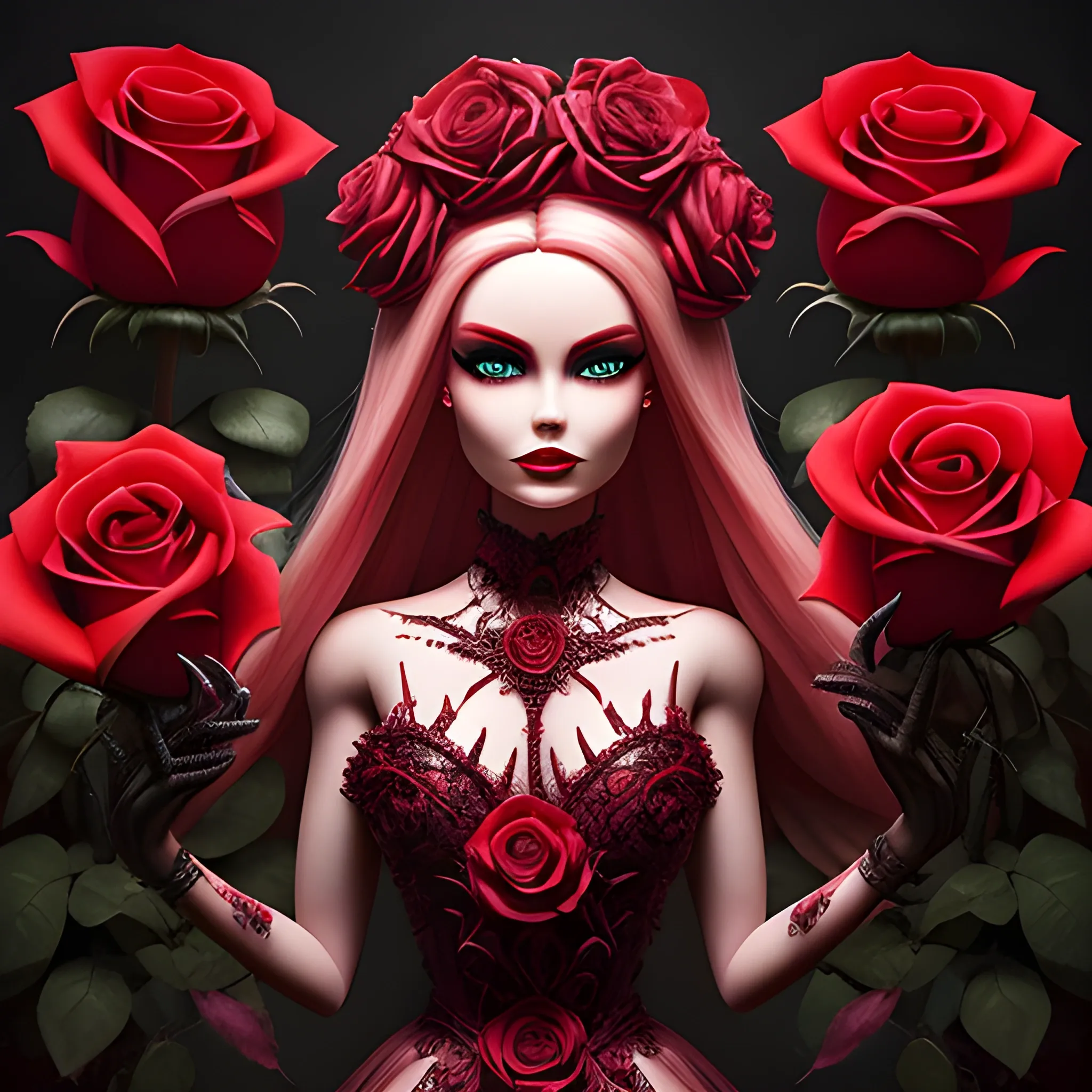 The blood-thirsty red rose blooms ominously over barbie , Detailed and Intricate, Fantasy, Realistic, Surrealist, Dramatic, Beautiful Lighting, Evil, Fear, Horrifying