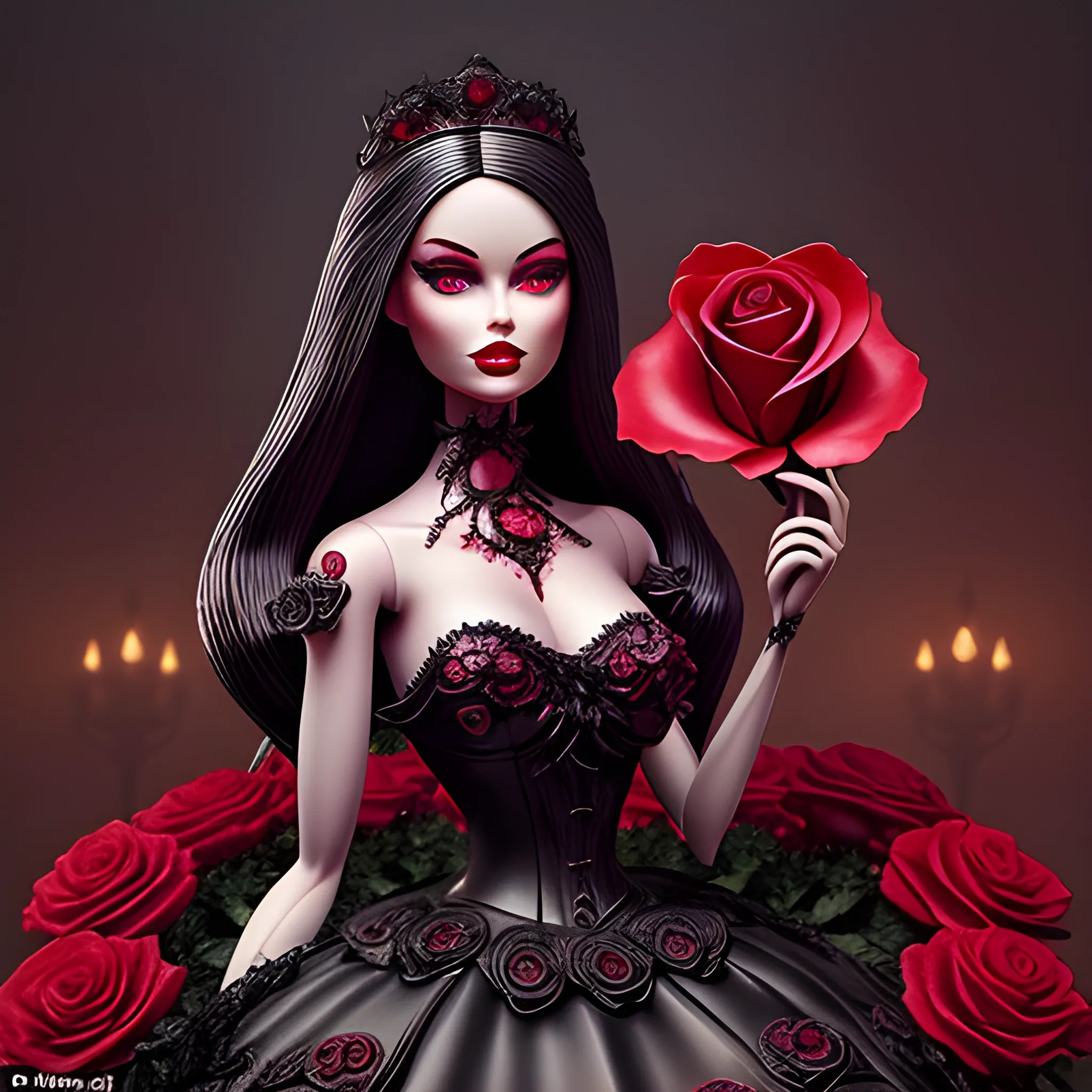 The blood-thirsty red rose blooms ominously over barbie , Detailed and Intricate, Fantasy, Realistic, Surrealist, Dramatic, Beautiful Lighting, Evil, Fear, Horrifying